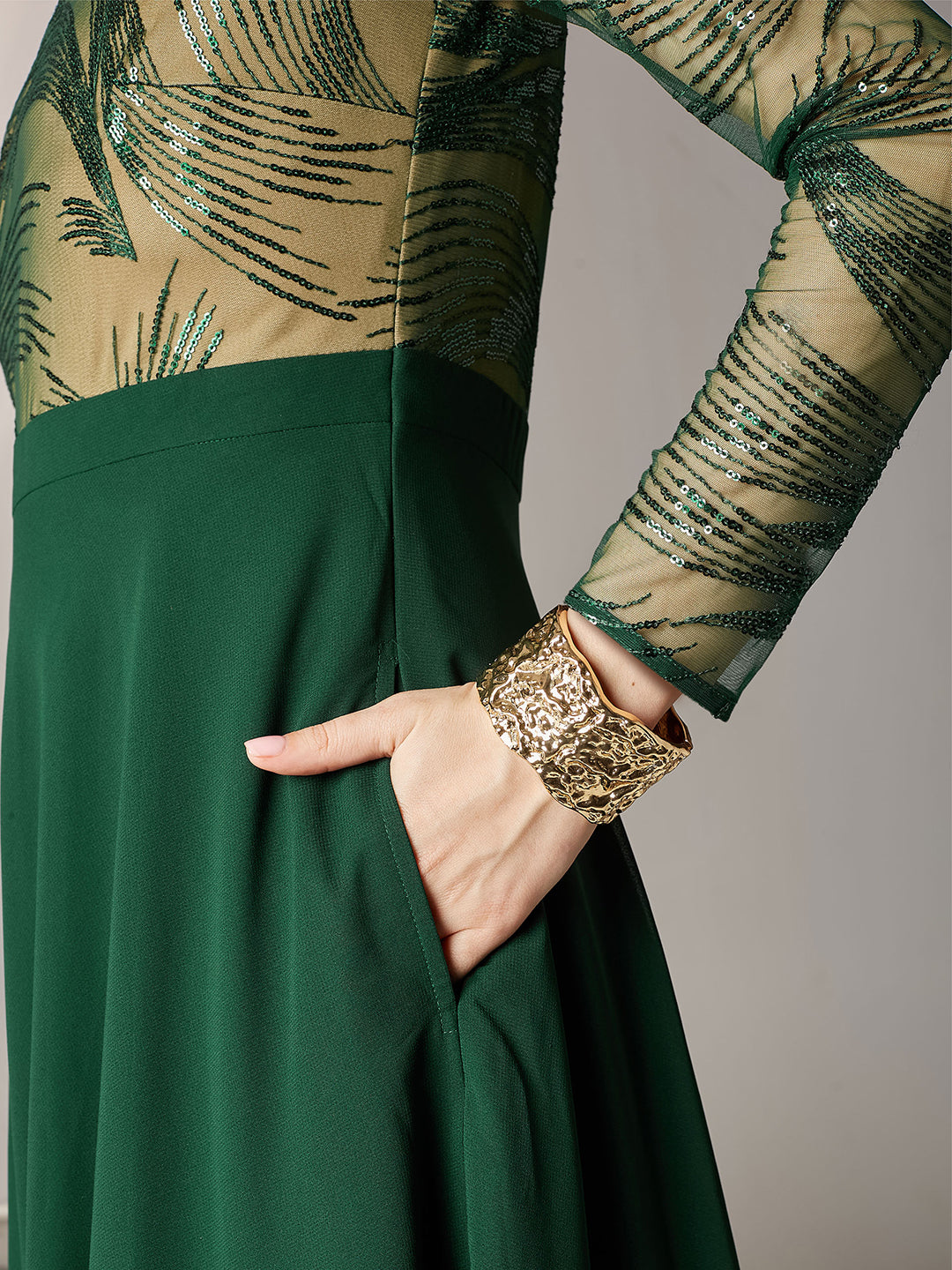 Women's Green & Beige Solid Embellished Maxi Dress