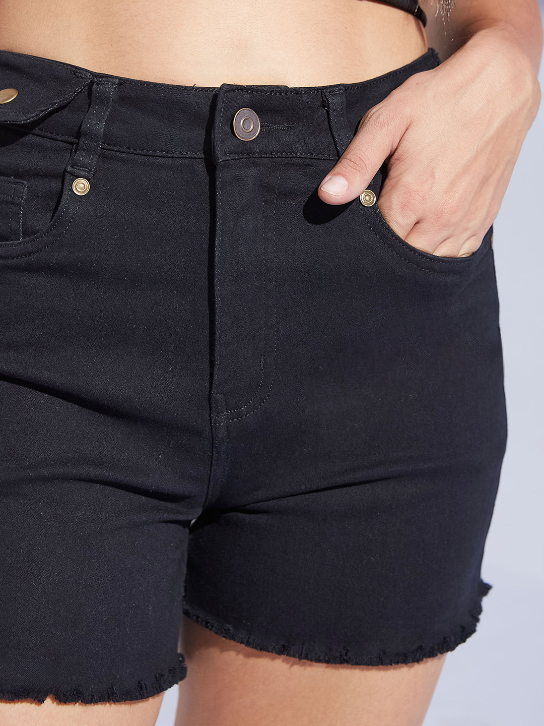 Women's Black Relaxed Fit High-Rise Stretchable Denim Shorts