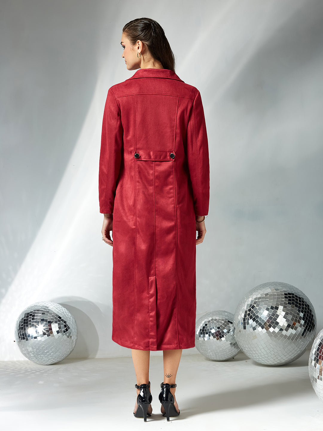 Women's Dark Red Solid V-Neck Full Sleeves Patched Pocketed Polyester Button Down Longline Winter Wear Jacket