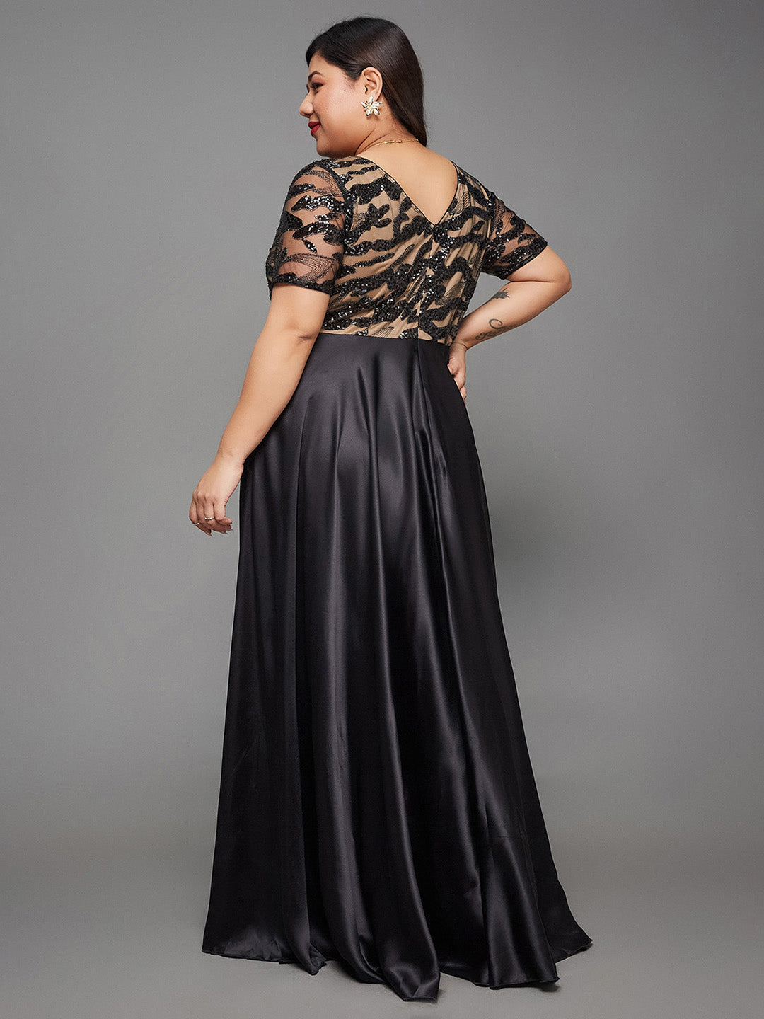 Body Bliss Black Abstract Fit & Flare Satin Maxi Dress