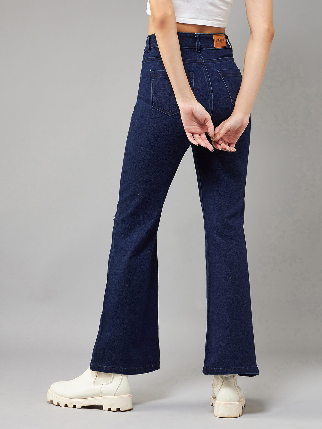 24/7 Comfort Navy-Blue Bell-Bottom Bootcut High-Rise Stretchable Ripped Denim Jeans