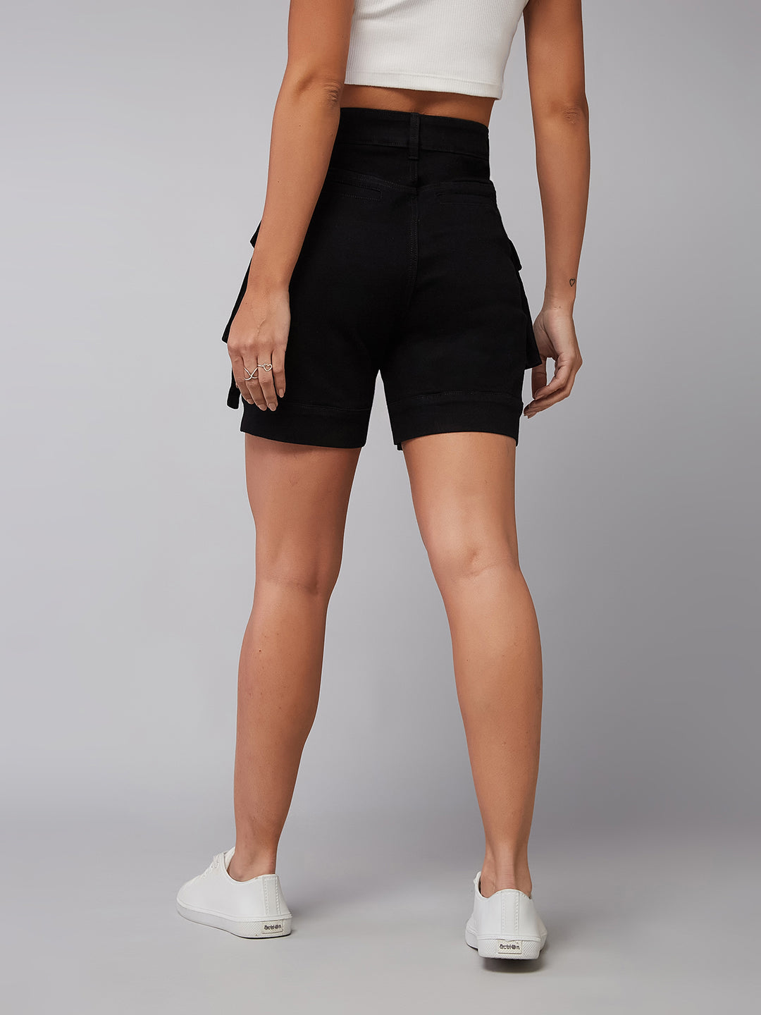 Women's Black Flared High-Rise Clean-Look Regular Stretchable Denim Shorts