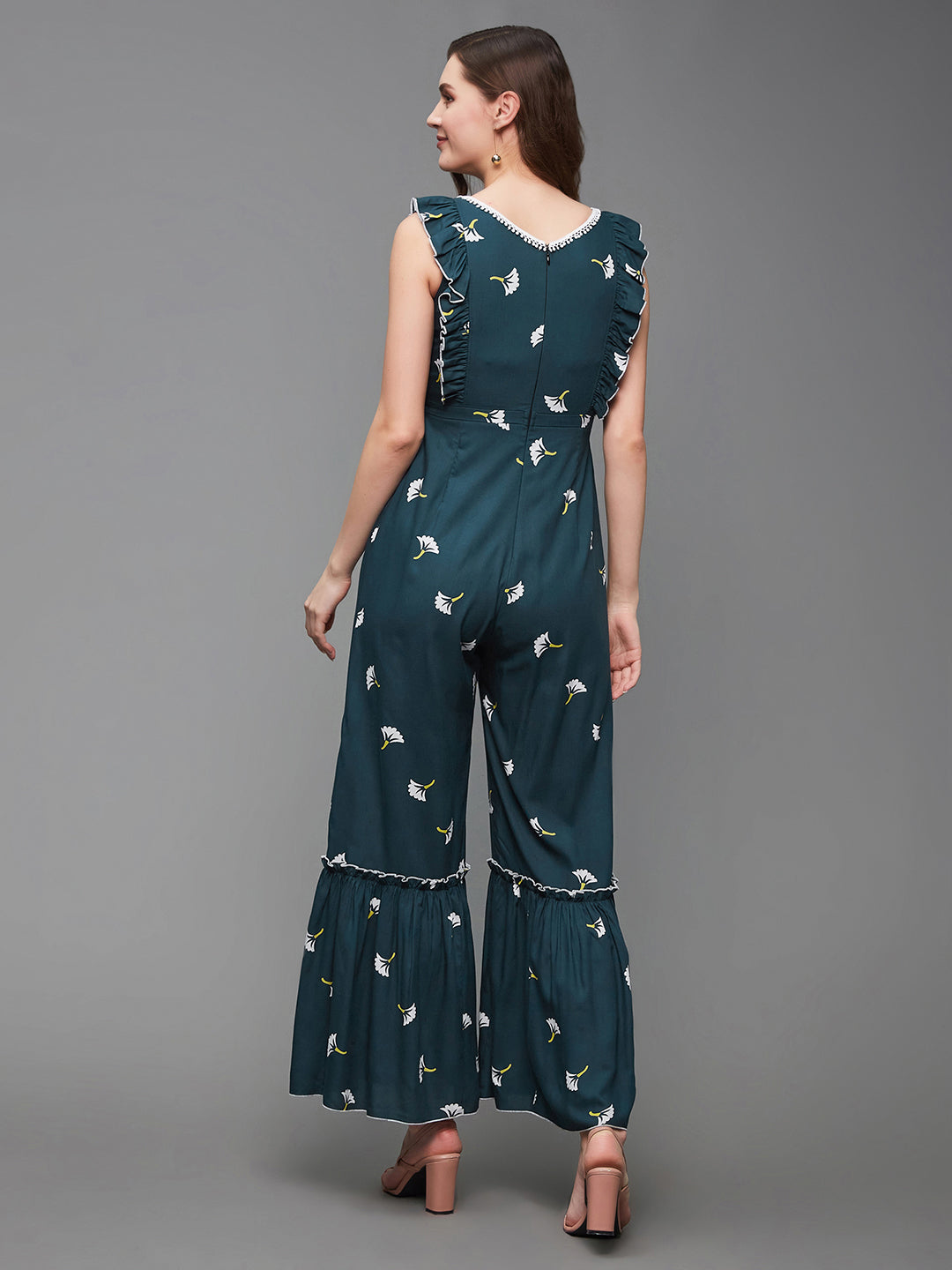 Women's Multicolored-Base-Teal Floral V-Neck Ruffled Sleeves Viscose Rayon Tiered Regular-Length Jumpsuit