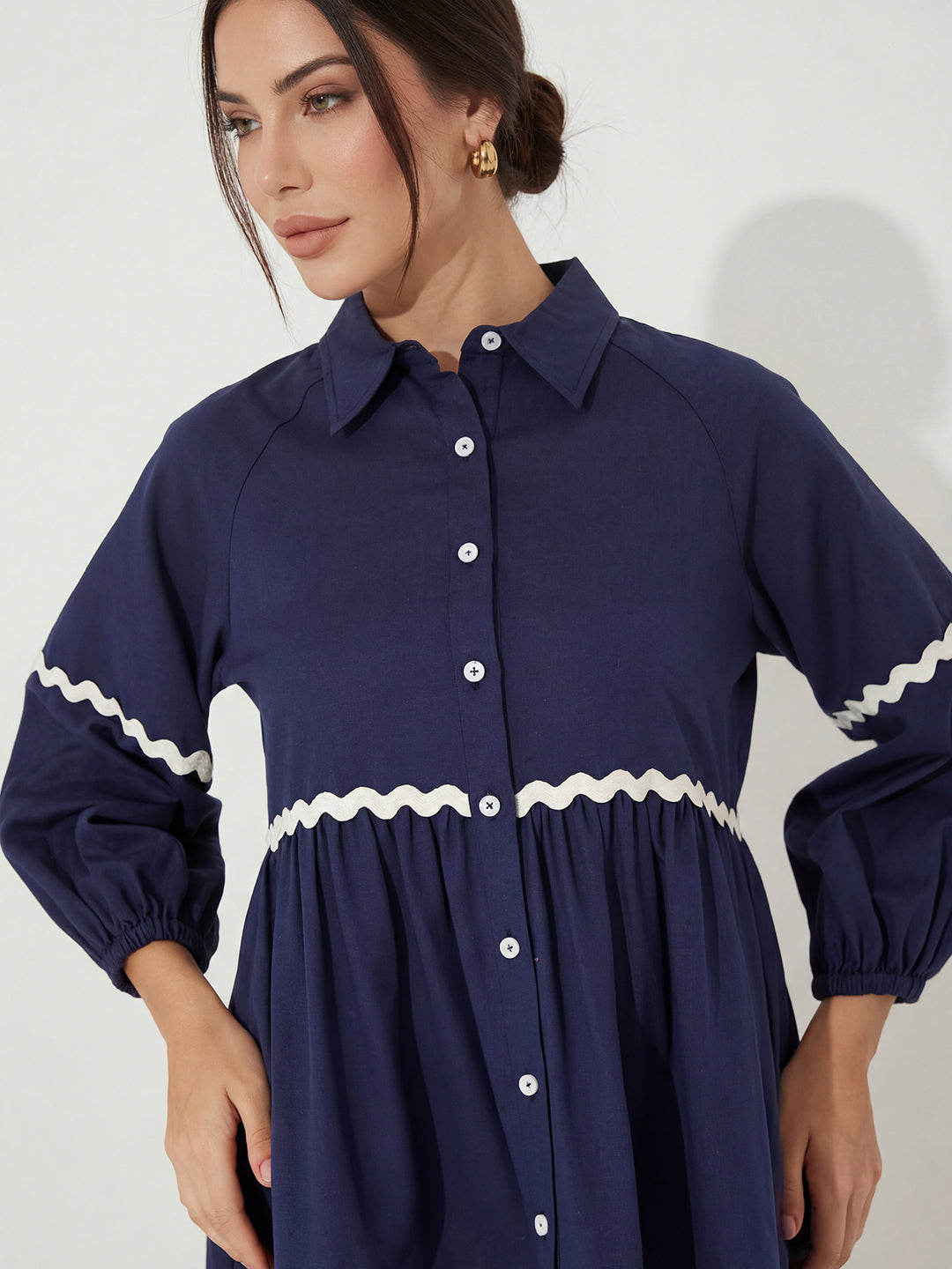 Navy Blue Cotton Shirt Dress with Balloon Sleeves and Classic Collar for Women