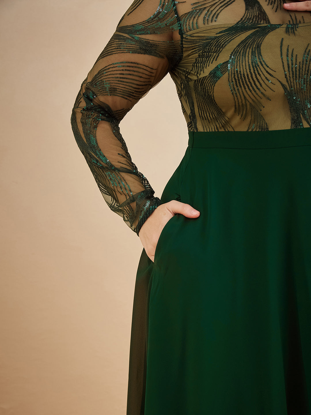 Green & Beige Solid Embellished Maxi Dress for Women
