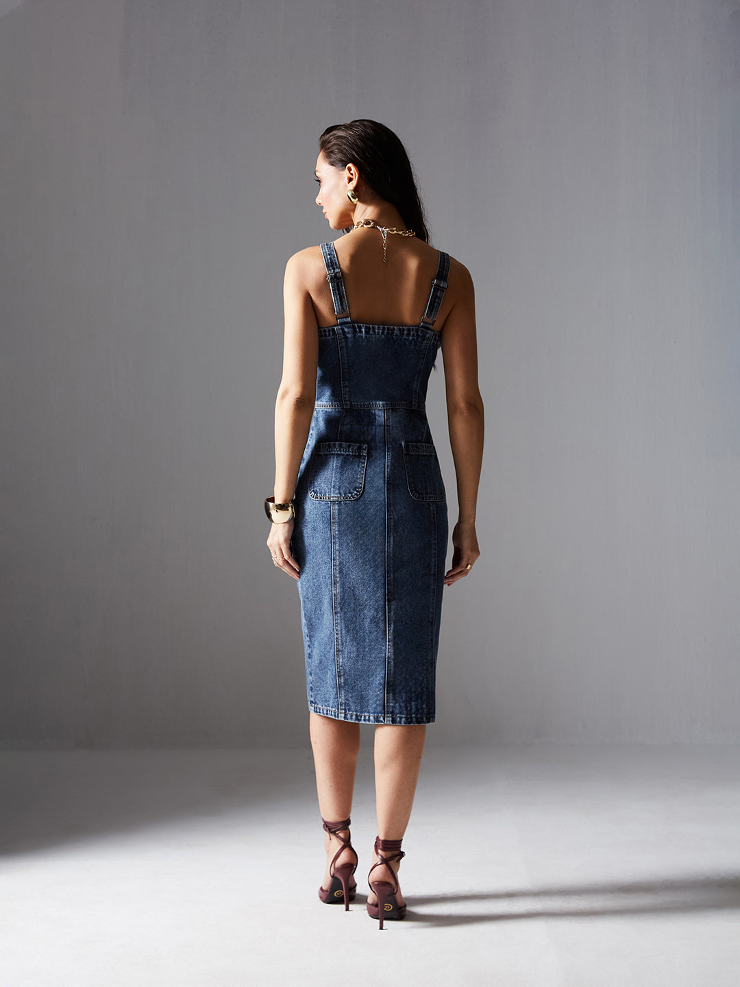 Women's Navy Blue Slim Midi Denim Dress