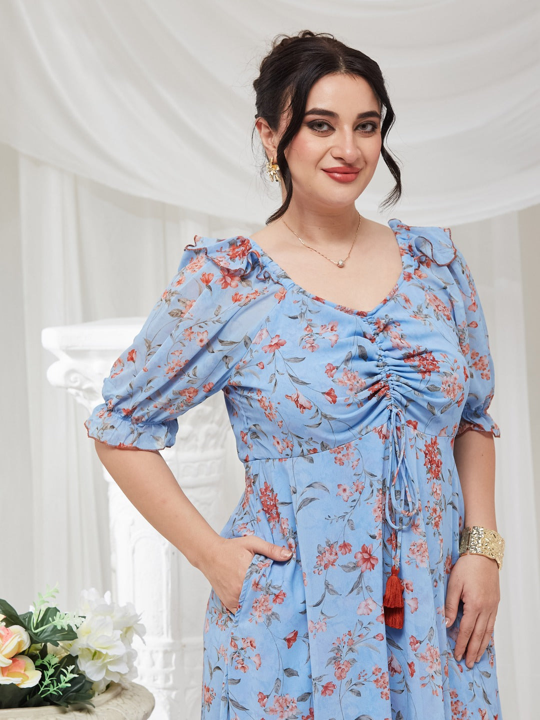 Powder Blue V-Neck Puff Sleeve Floral Ruching Ankle-Length Dress for Women — Miss Chase A+