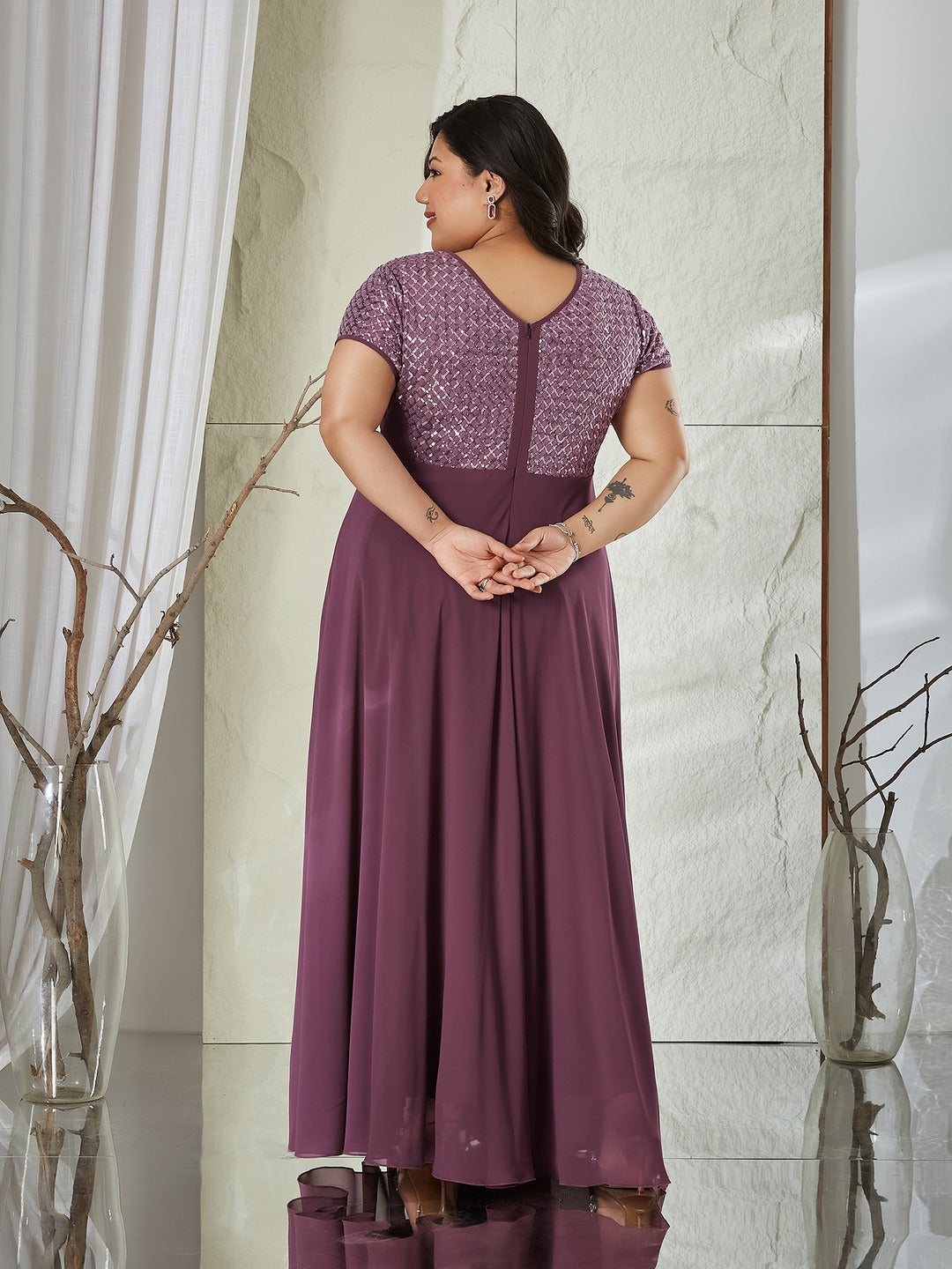 Mauve Round Neck Cap Sleeve Embellished Fit & Flare Maxi Crepe Dress for Women