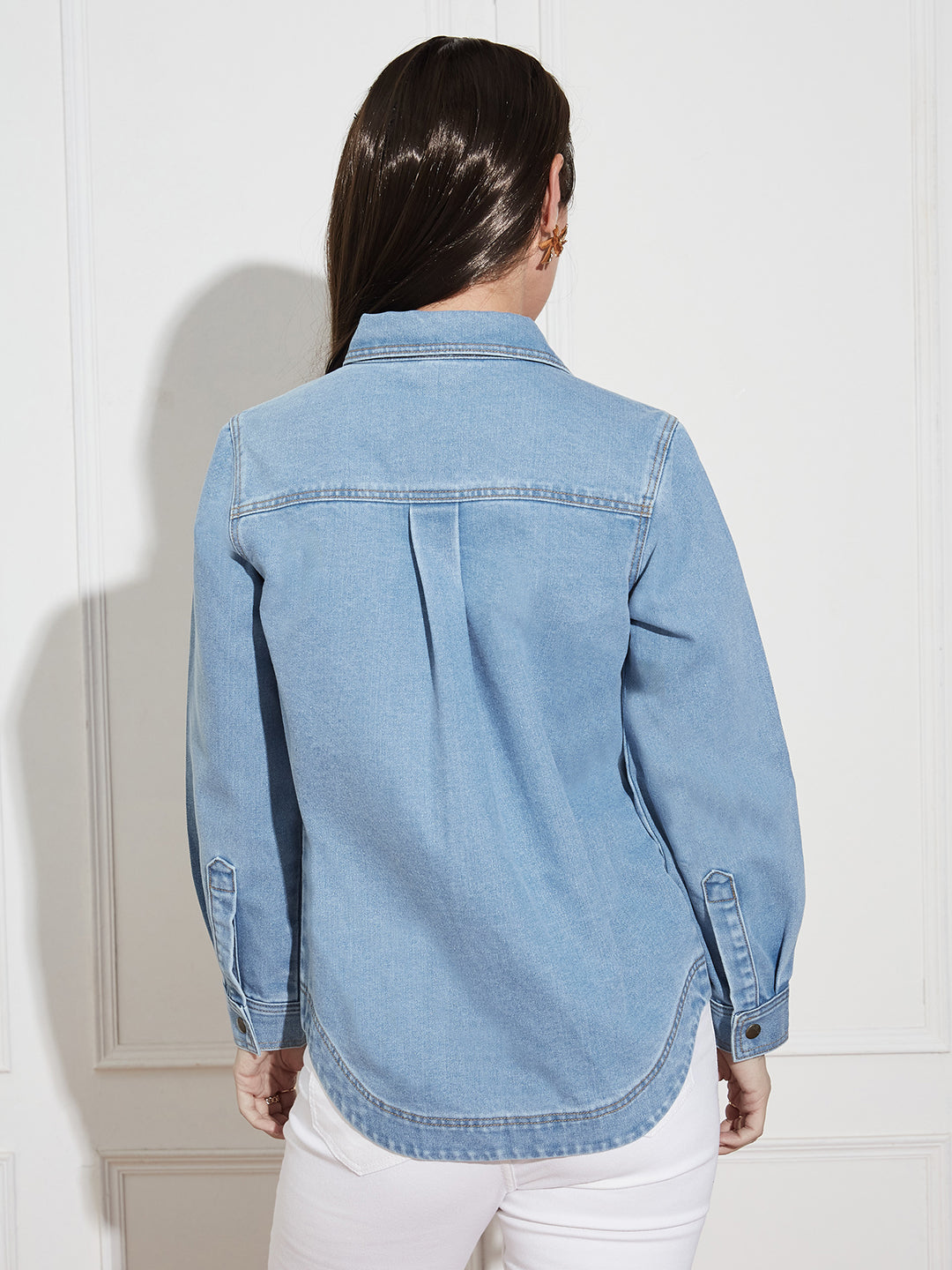 Women’s Light Blue Asymmetric Denim Shirt – Full Sleeves, Relaxed Fit, Collared