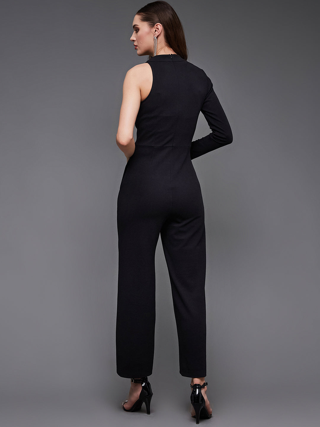 Women's Black Sequined Shawl Collar Asymmetric Blazer Style Slim Fit Party Jumpsuit
