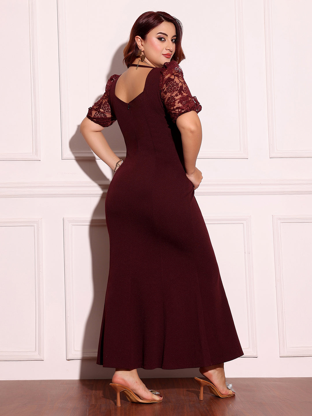 Wine Square Neck Short Puff Sleeve Self Design Lace Overlaid Bodycon Midi Dress for Women