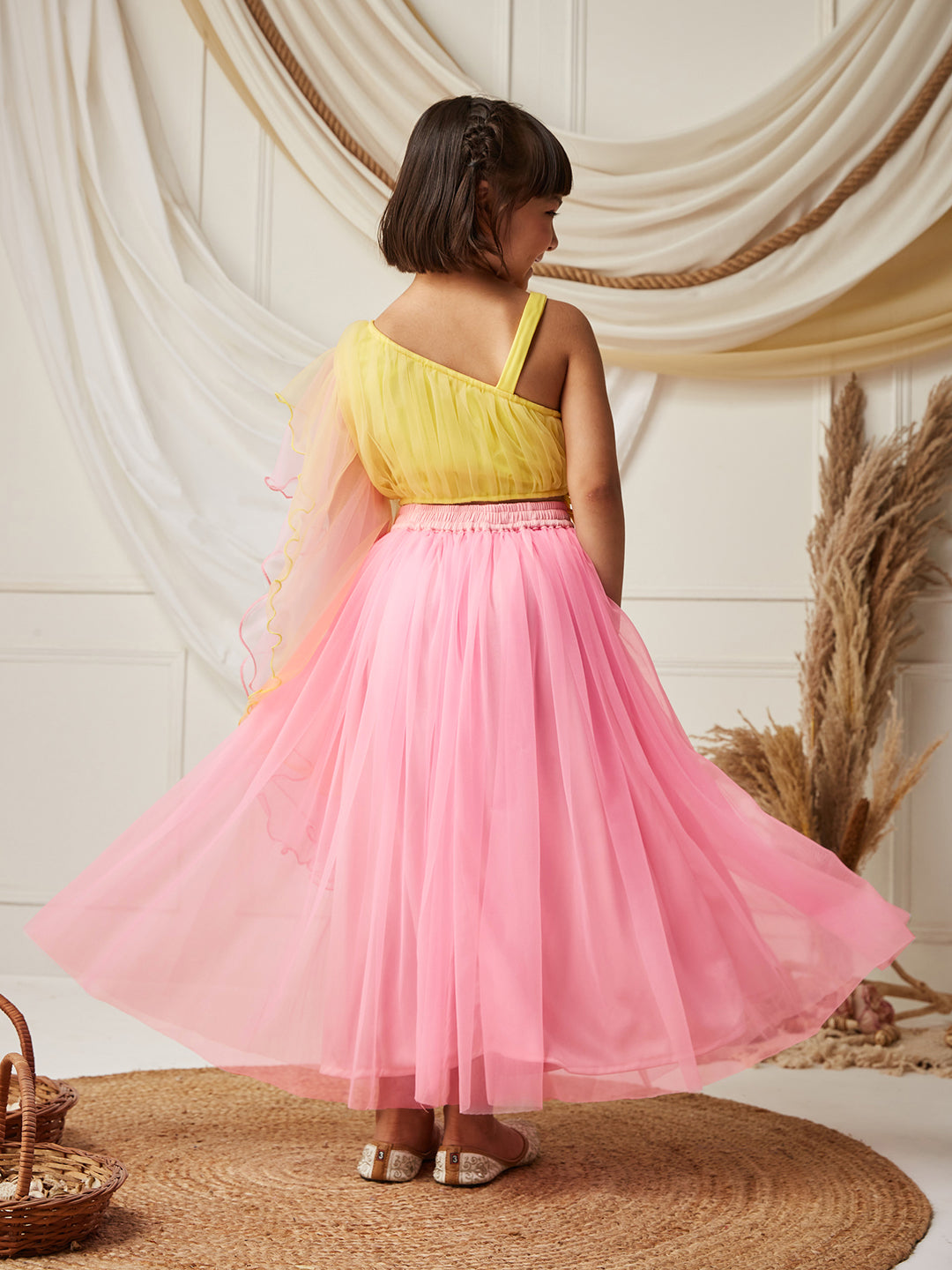 Yellow & Pink One Shoulder Ruffled Solid Tie-Up Midi Dress