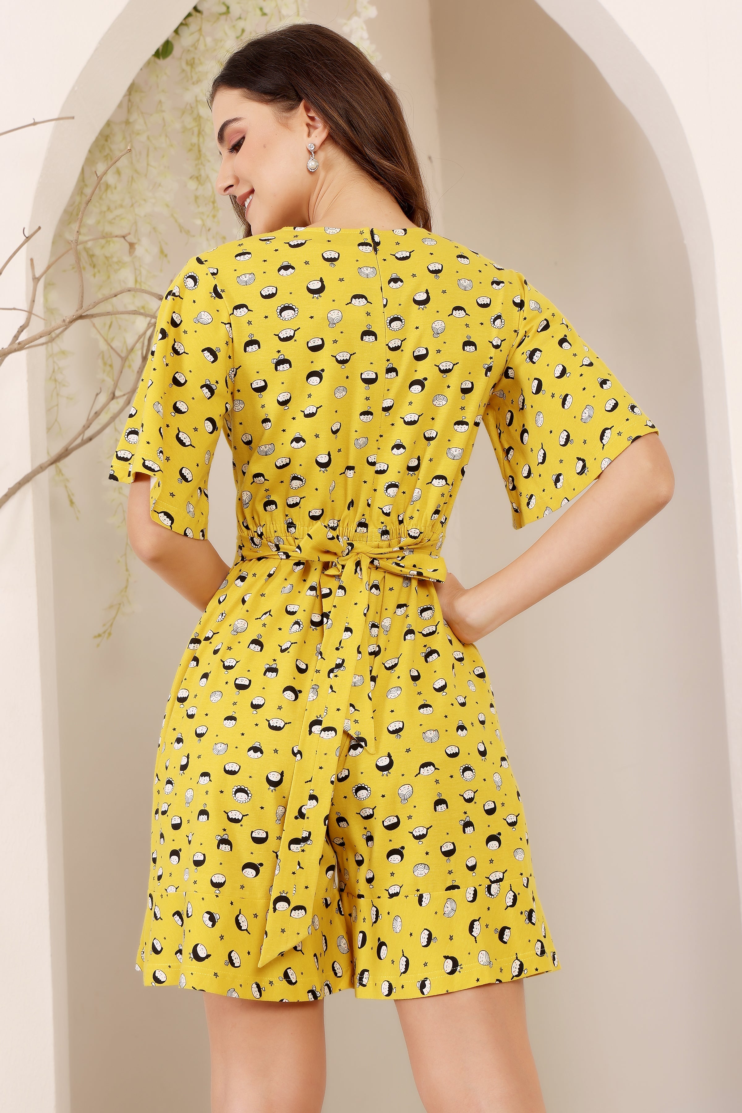 Women's Multicolored-Base-Mustard V-Neck Half-Sleeve Conversational-Printed Wrap Knee-Long Cotton Playsuit
