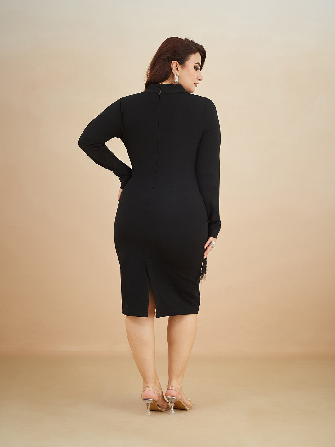 Black Solid Collared Neck Full Sleeve Polyester Bodycon Knee Length Dress for Women