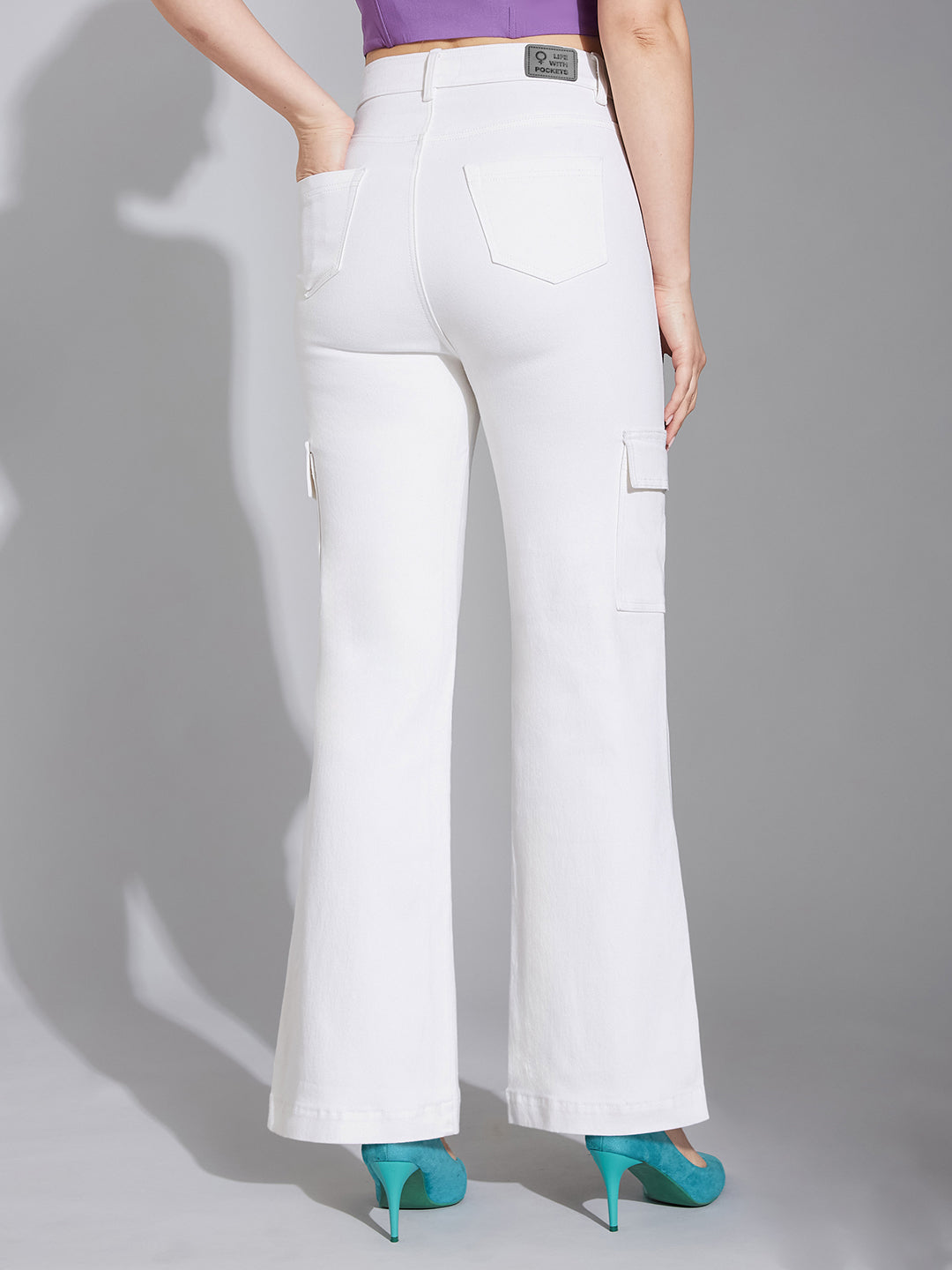 Women's White Wide-Leg High-Rise Clean-Look Stretchable Denim Jeans