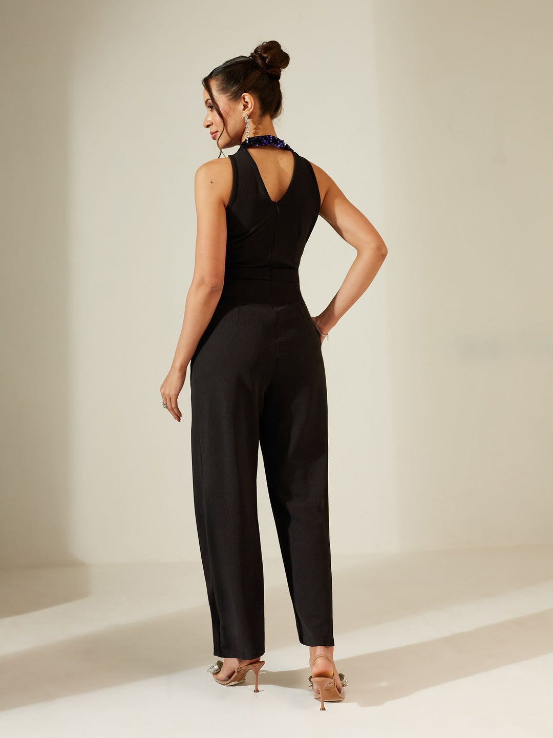 Black And Blue Halter Neck Sleeveless Embellished Jumpsuit for Women