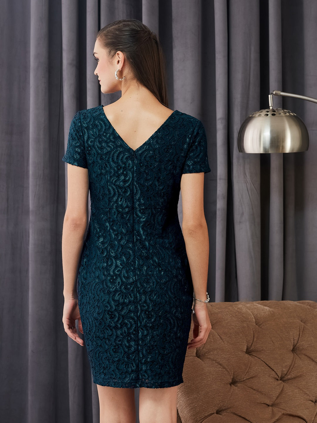 Women’s Teal Round Neck Half Sleeve Self Design Bodycon Knee-Length Lace Dress for Women