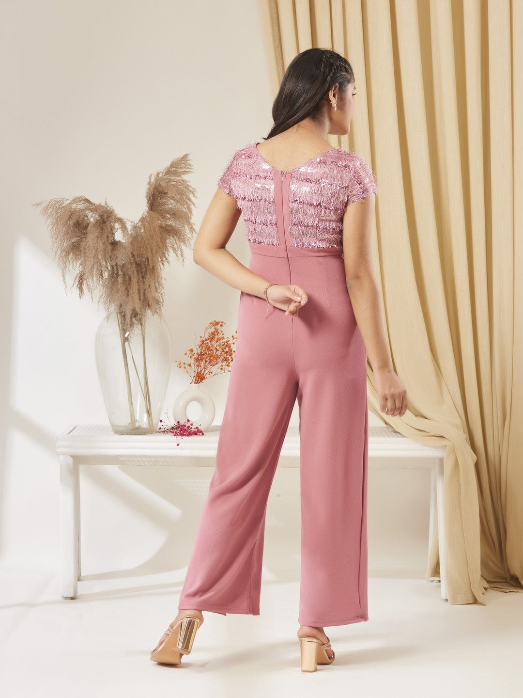 Dusty Pink Embellished Regular Jumpsuit for Girls/Teenagers