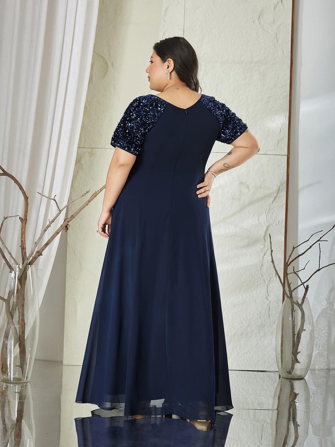 Navy Blue Relaxed Fit Maxi Georgette Dress for Women