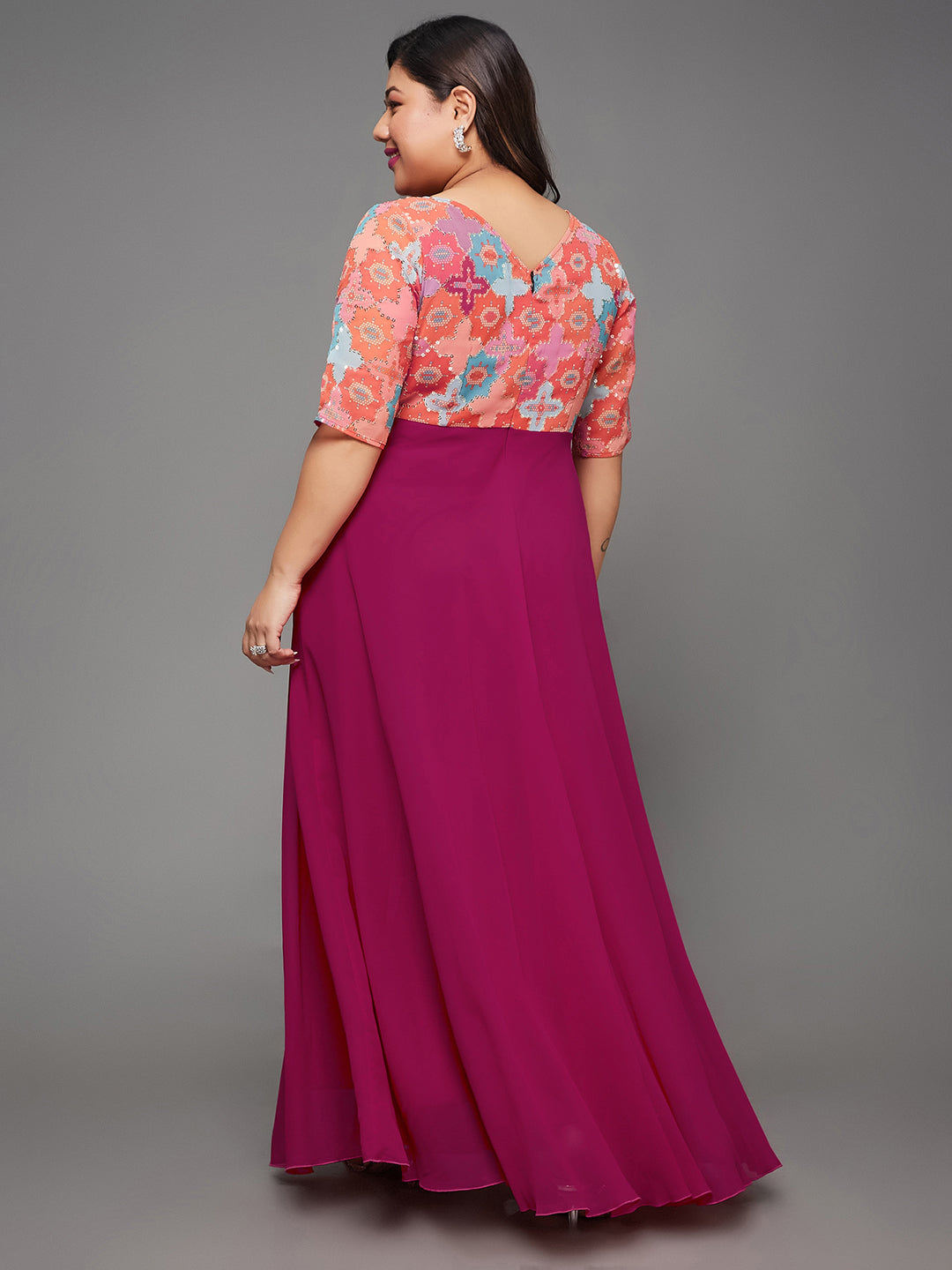 Body Bliss Multicolored-Base-Dark Pink Fit & Flare Georgette Maxi Dress