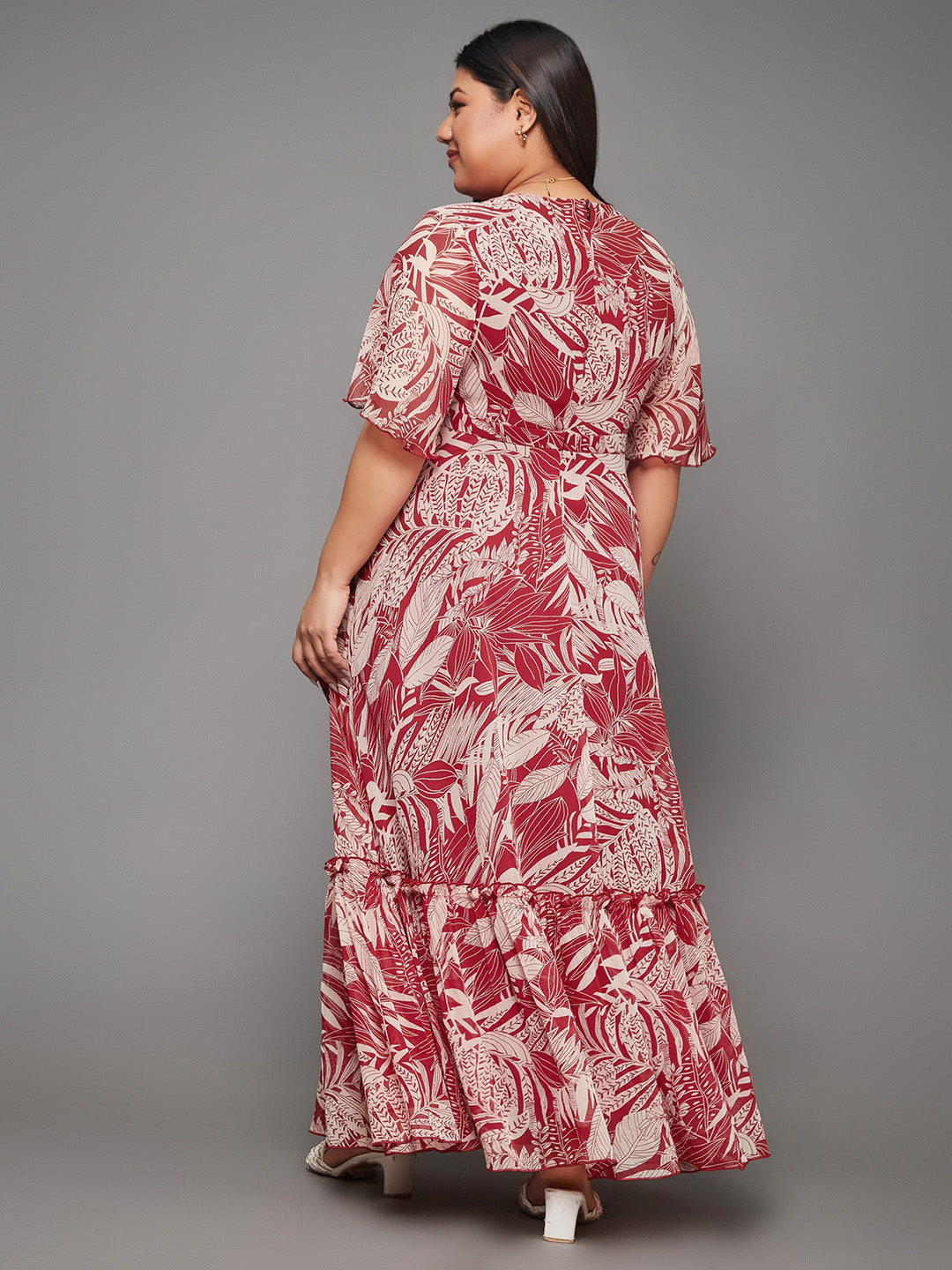 Maroon Floral Printed Flutter Sleeves Maxi Dress Long Dress Gown Frock for Women | The Summer Holiday Story