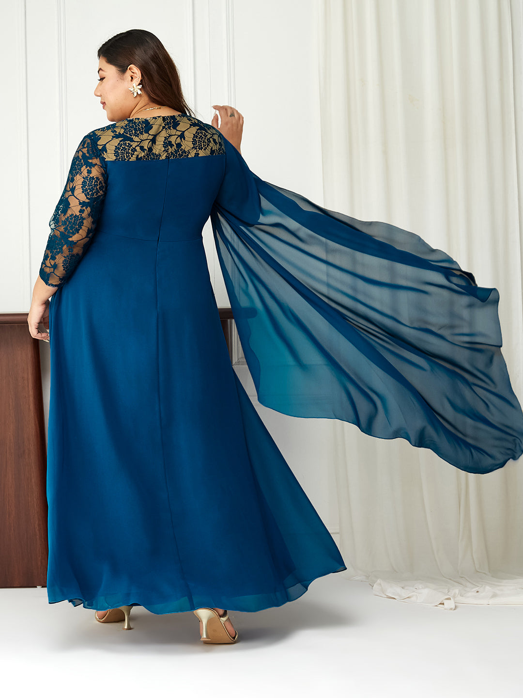 Royal Blue Assymetric Long Sleeves Lace Maxi Dress for Women
