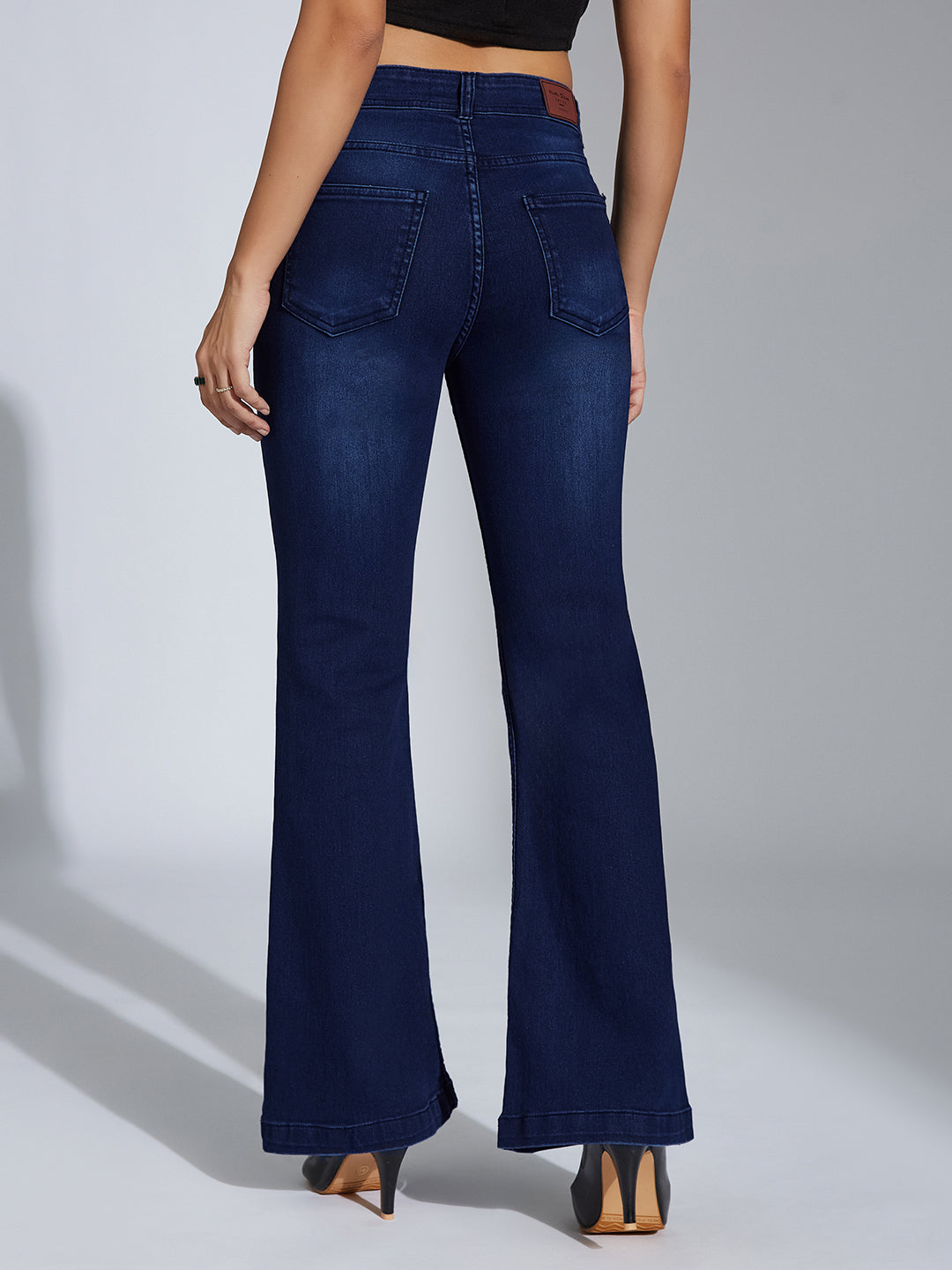 24/7 Comfort Navy-Blue High-Rise Clean-Look Stretchable Bootcut Denim Jeans for Women