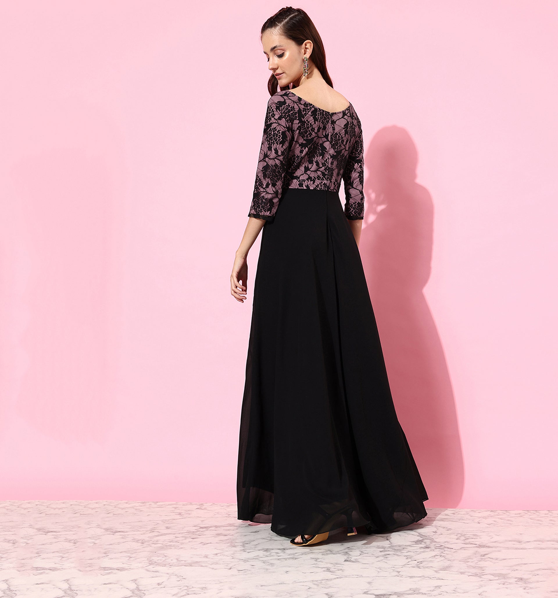 Women's Black And Lavender Sweet heart neck 3/4 Sleeve Self Design Fit & Flare Maxi Dress