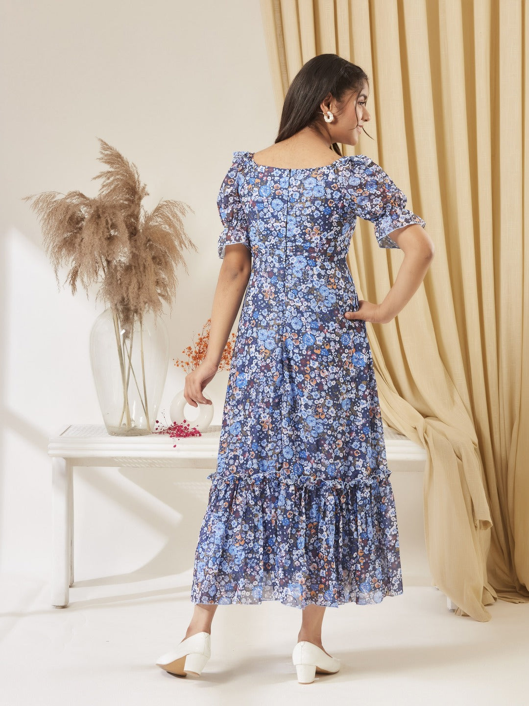 Navy Blue V-Neck Puff Sleeve Floral Ruching Ankle-Length Dress for Girls/Teenagers