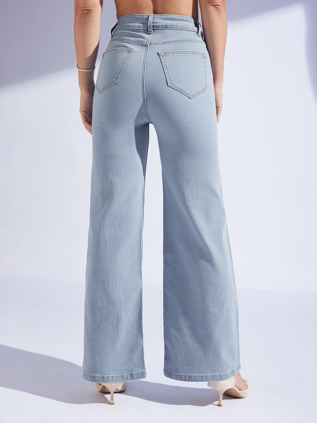 Women's Light Blue High-Rise Wide Leg Stretch Denim Jeans with Tie-Up Waist