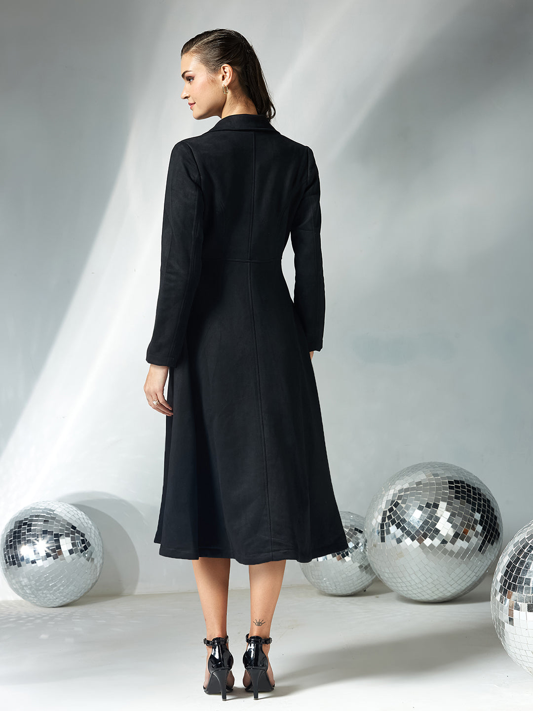 Women's Black Solid V-Neck Full Sleeves Side Pocketed Polyester Double Breasted Longline Jacket