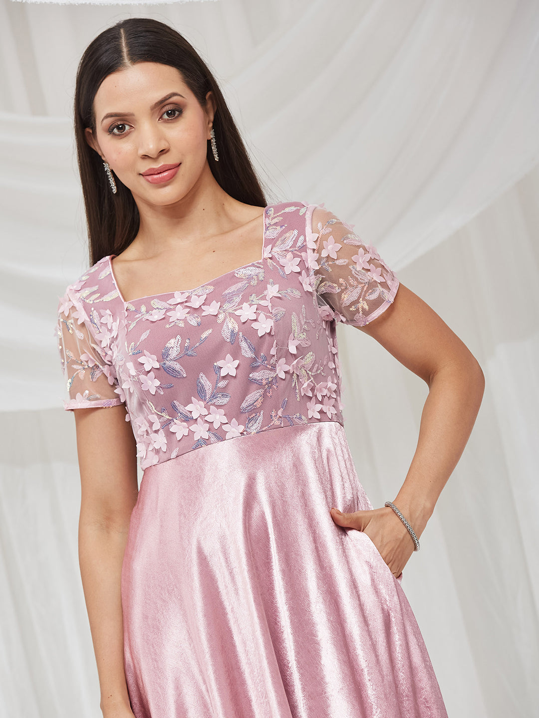Light Pink Sweetheart Neck Half Sleeve Embellished Embellished Maxi Satin Dress for Women