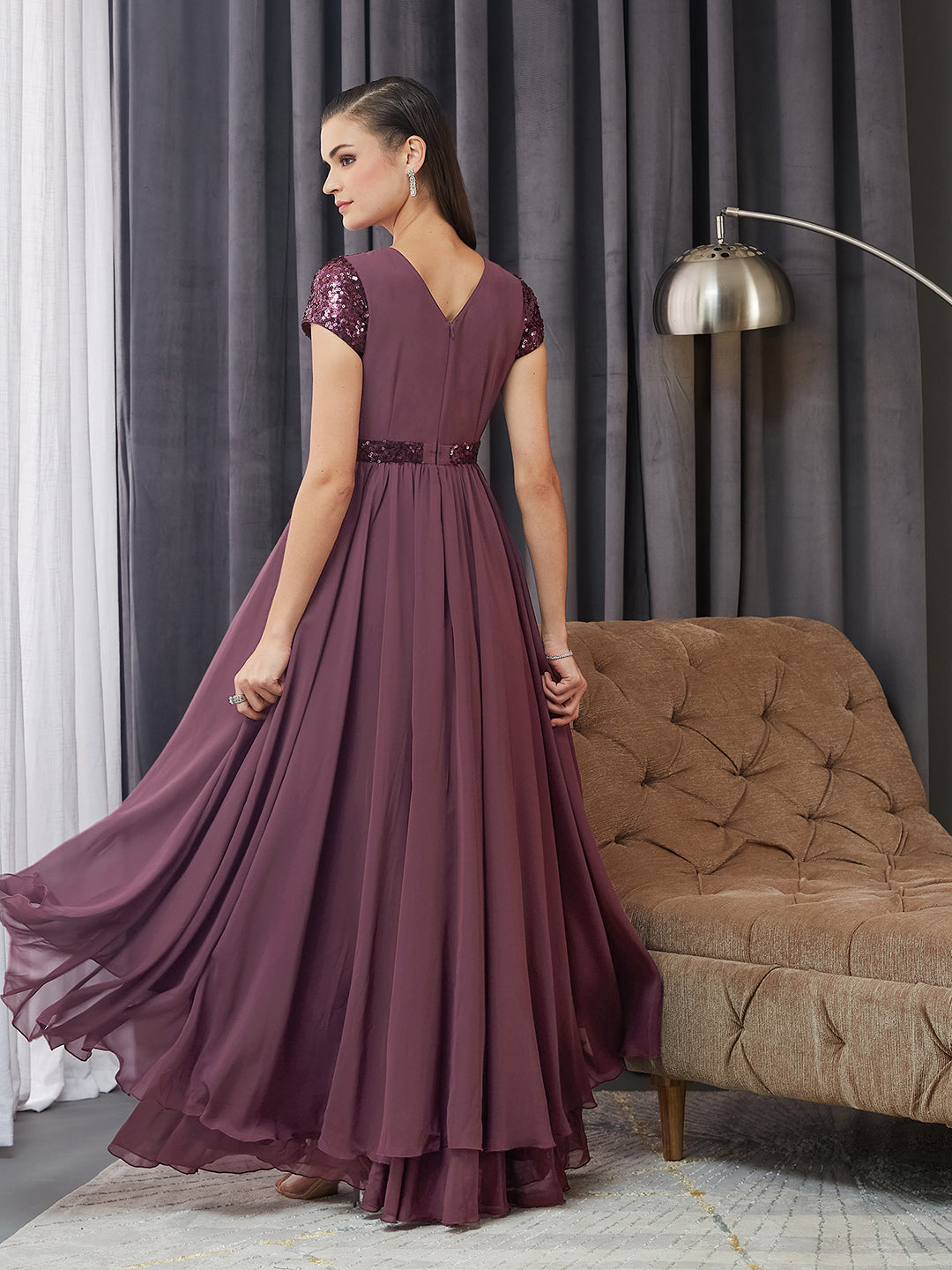 Women's Mauve Keyhole Short Sleeve Embellished Layered georgette Maxi Dress