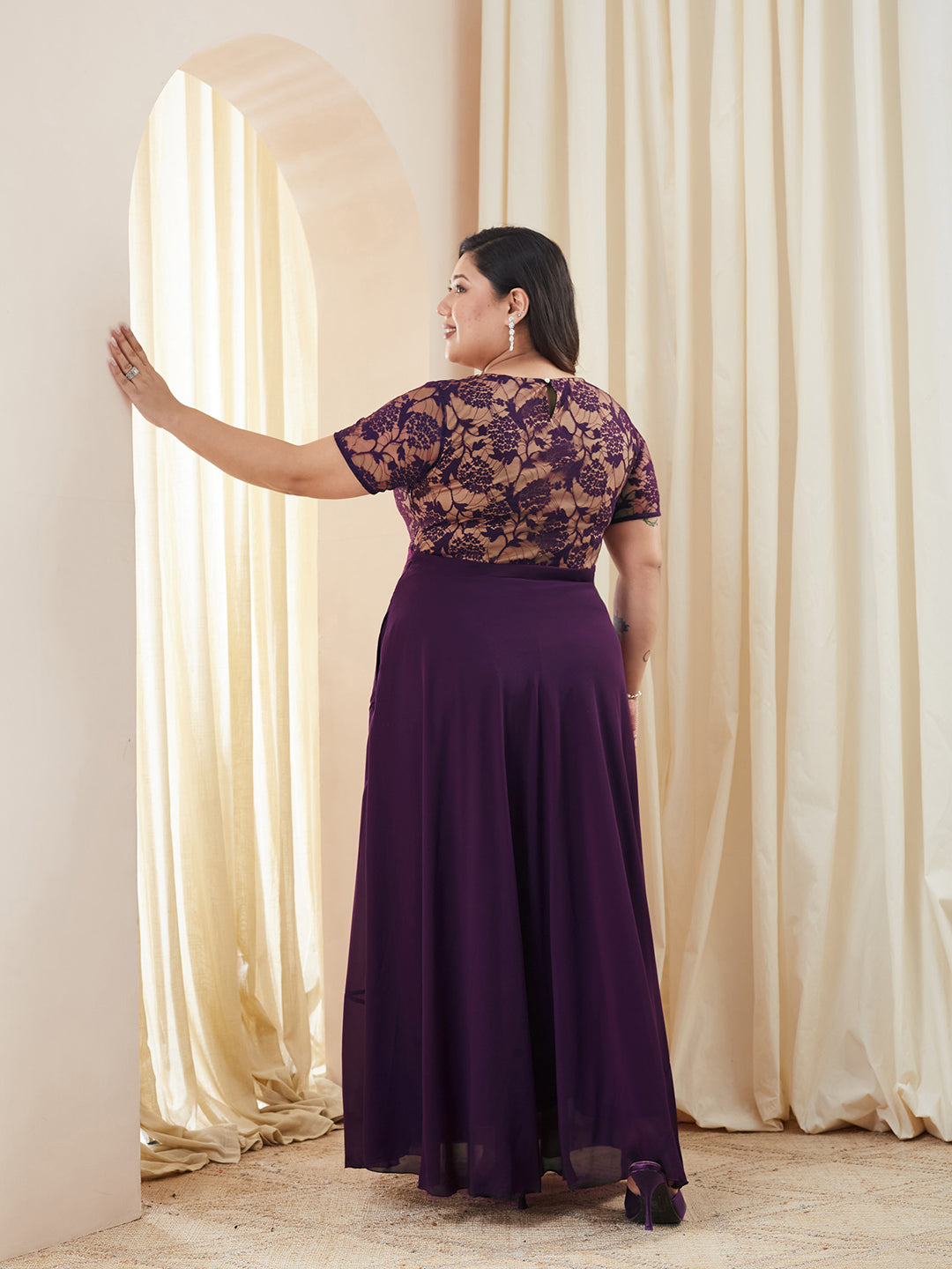 Dark Purple Round Neck Half Sleeve Self Design Fit & Flare Georgette Maxi Dress for Women — Miss Chase A+
