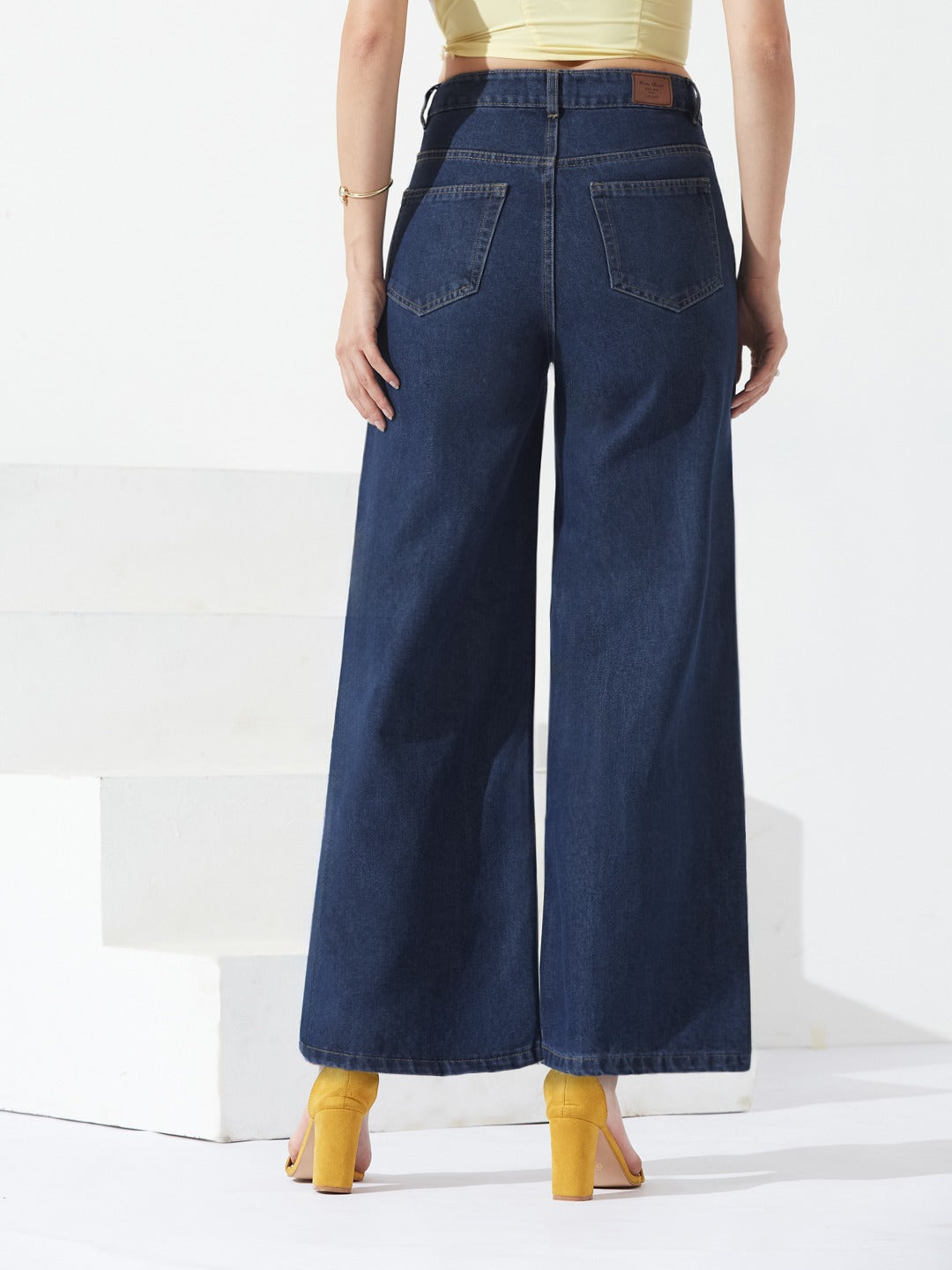 Navy Blue Wide-Leg High-Rise Non-stretchable Denim Jeans for Women