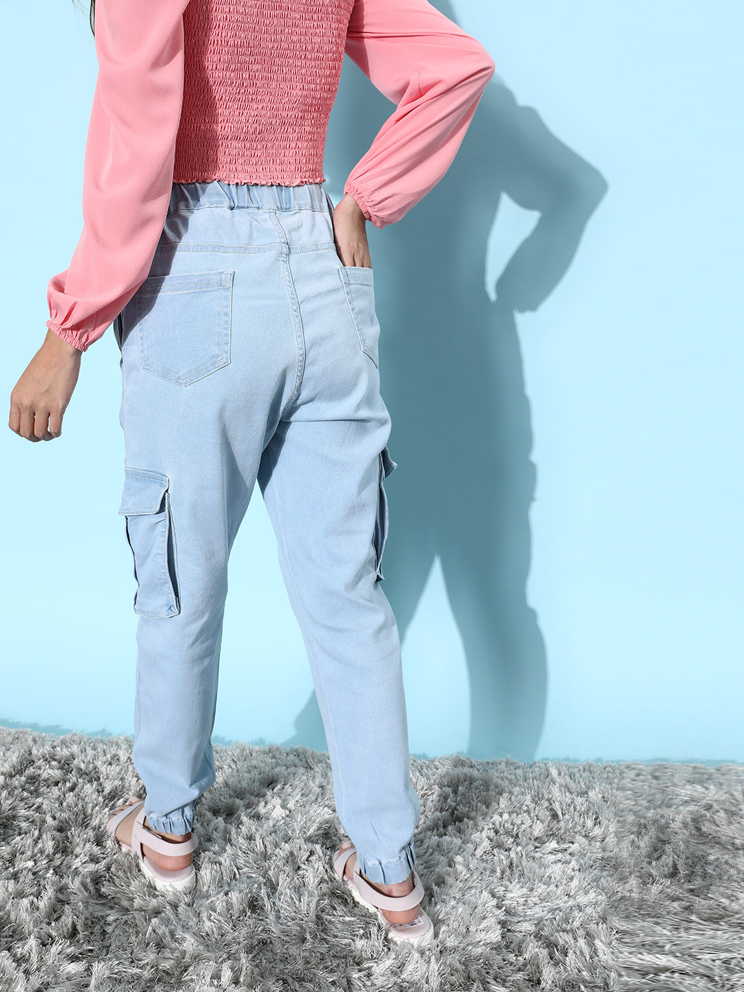 Women's Light Blue Regular High-Rise Clean-Look Regular Stretchable Denim Joggers