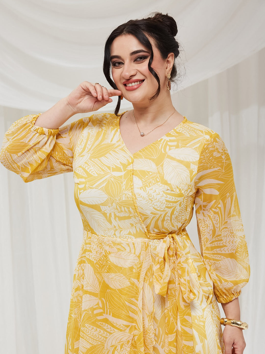 Yellow & White V neck Full sleeve Floral Layered Maxi Dress for Women — Miss Chase A+