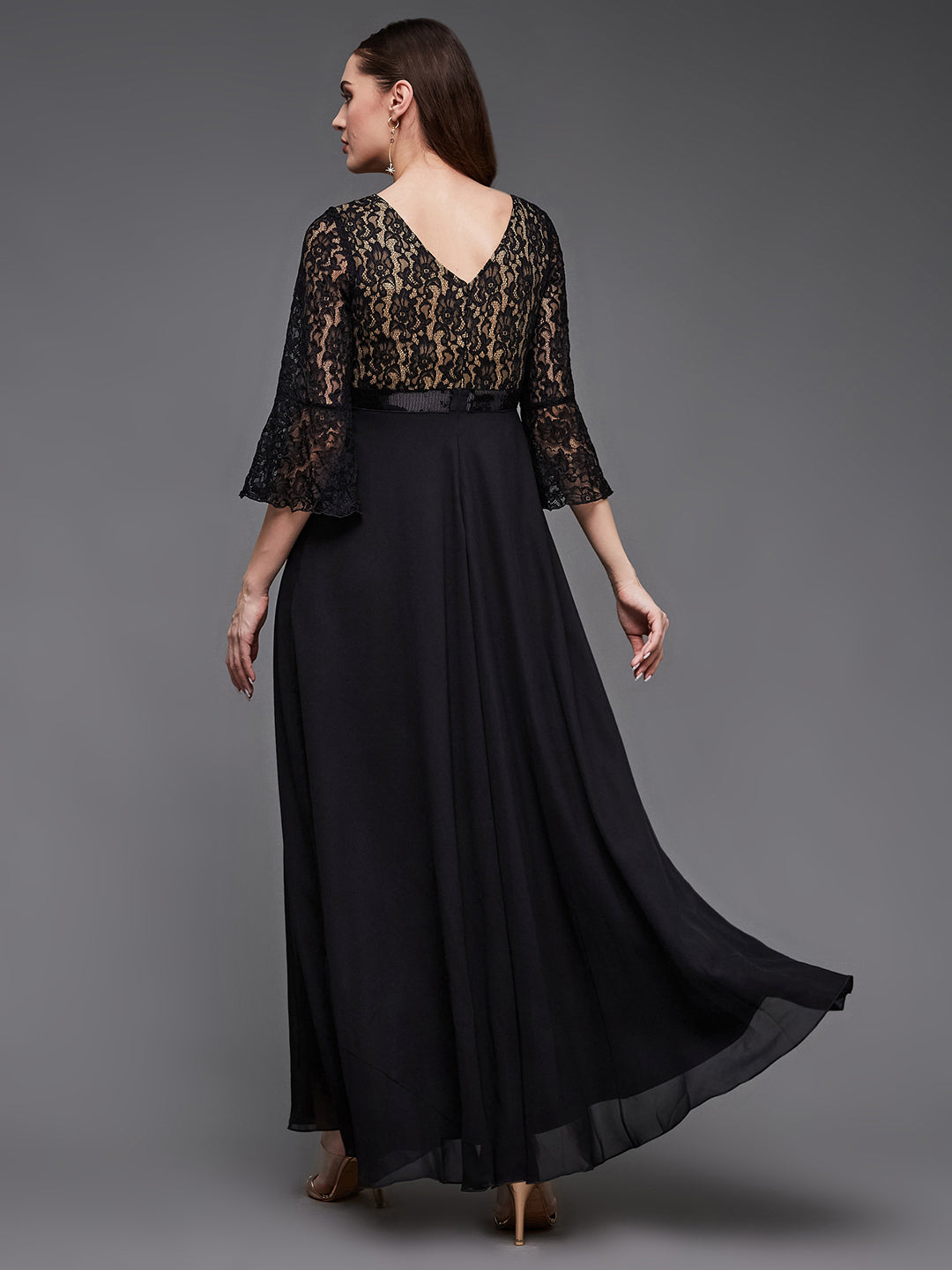 Women's Black Sweetheart-Neck Full Sleeve Floral Lace-Overlaid Georgette Maxi Dress