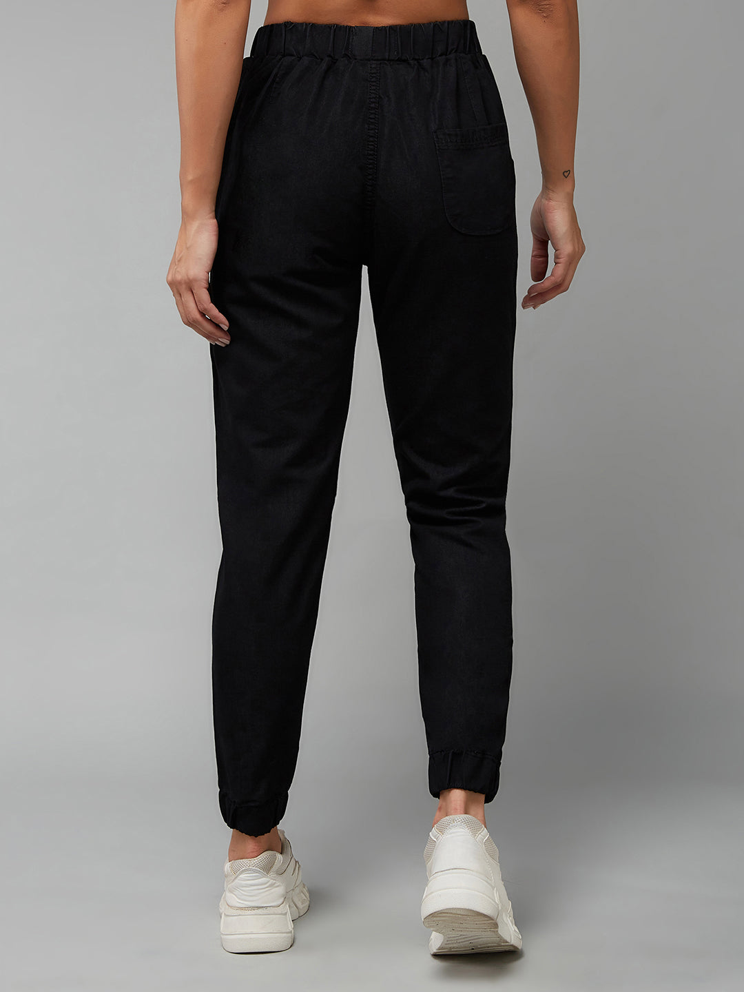 Women's Black Regular Length Mid Rise Clean-Look Regular Fit Denim Joggers