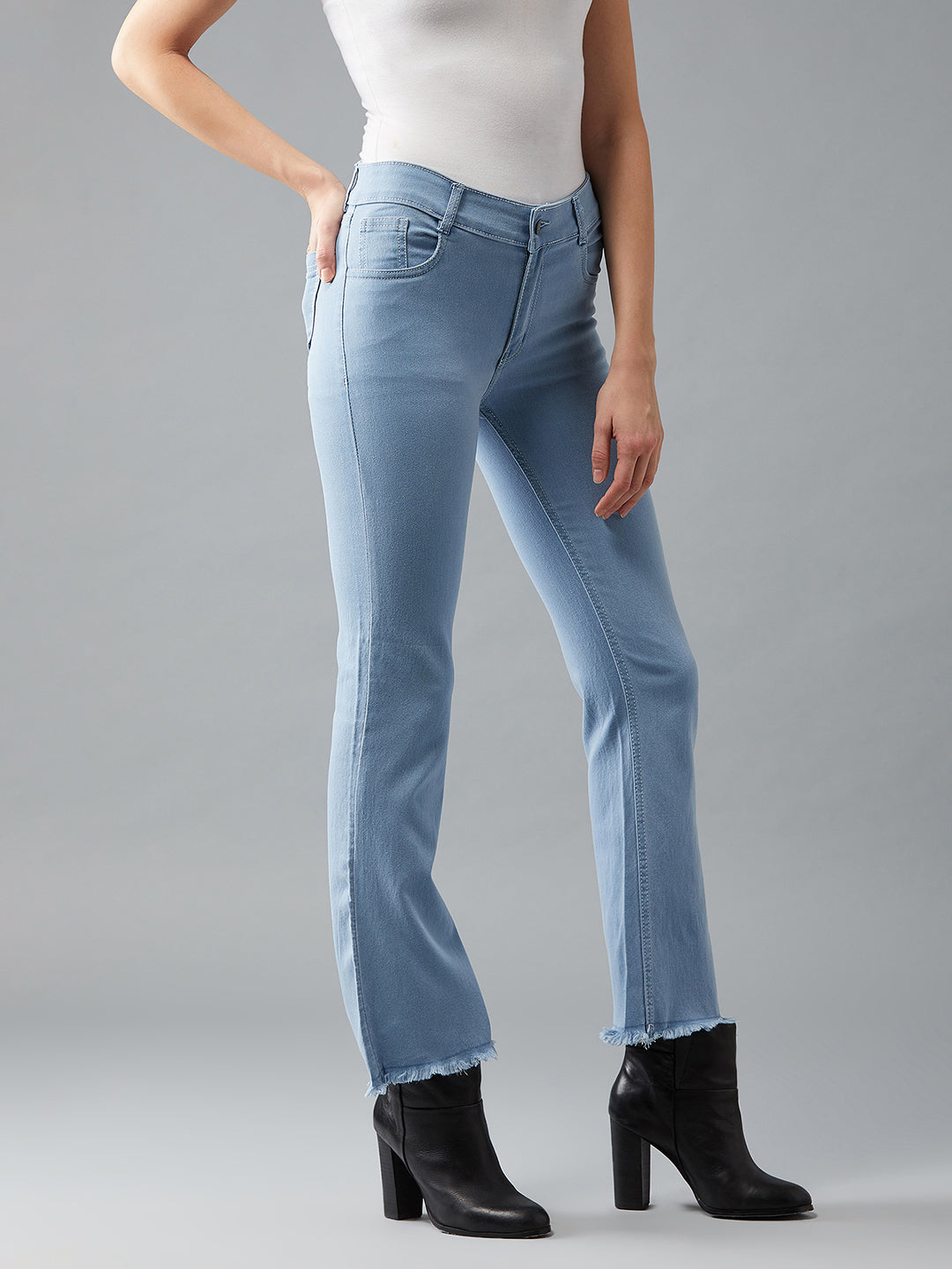 24/7 Comfort Light Blue Bell-Bottom Bootcut High-Rise Cropped Stretchable Denim Jeans