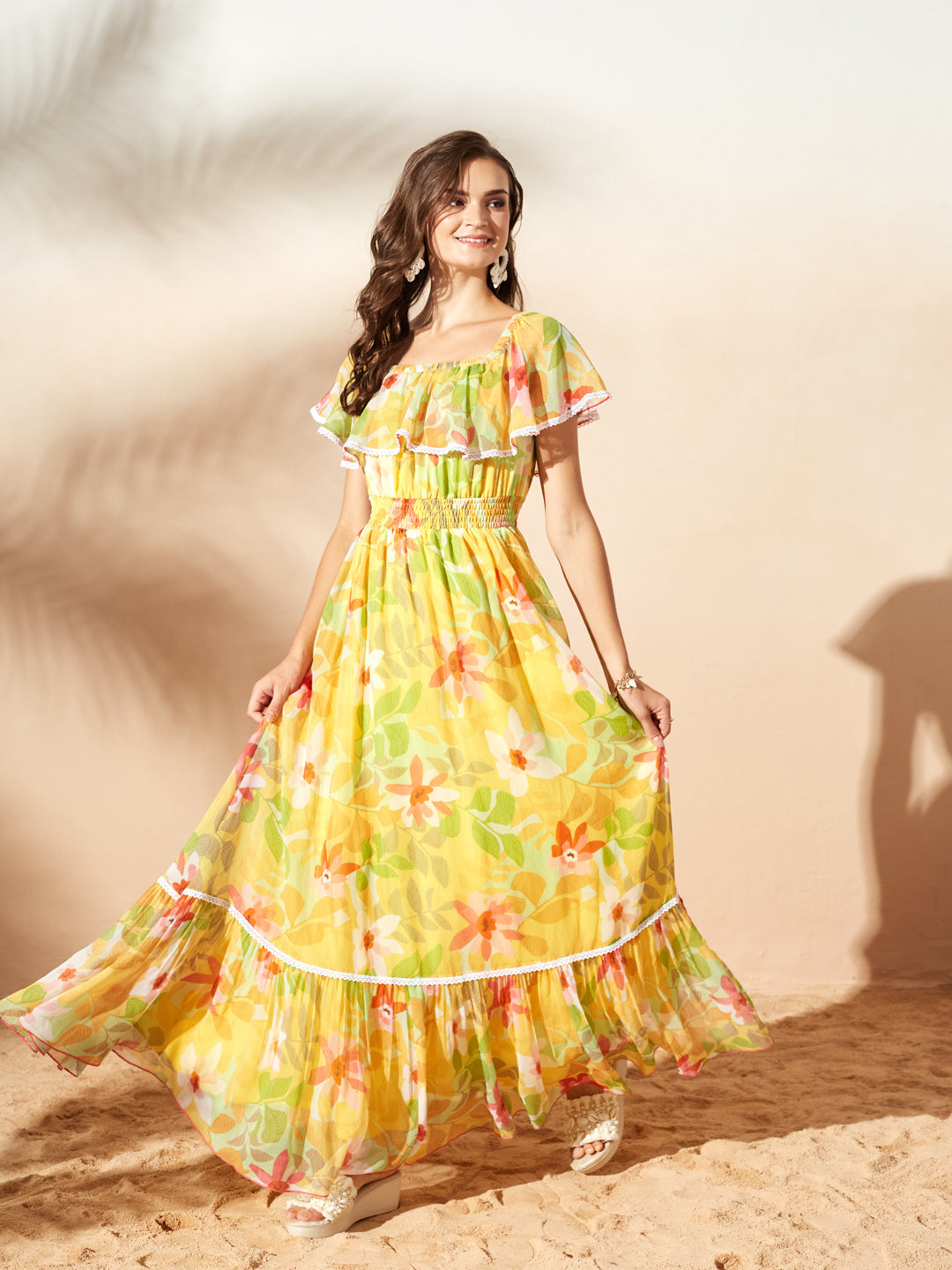 Butter Yellow Square Neck Cape Floral Tiered Maxi Chiffon Dress for Women — Miss Chase