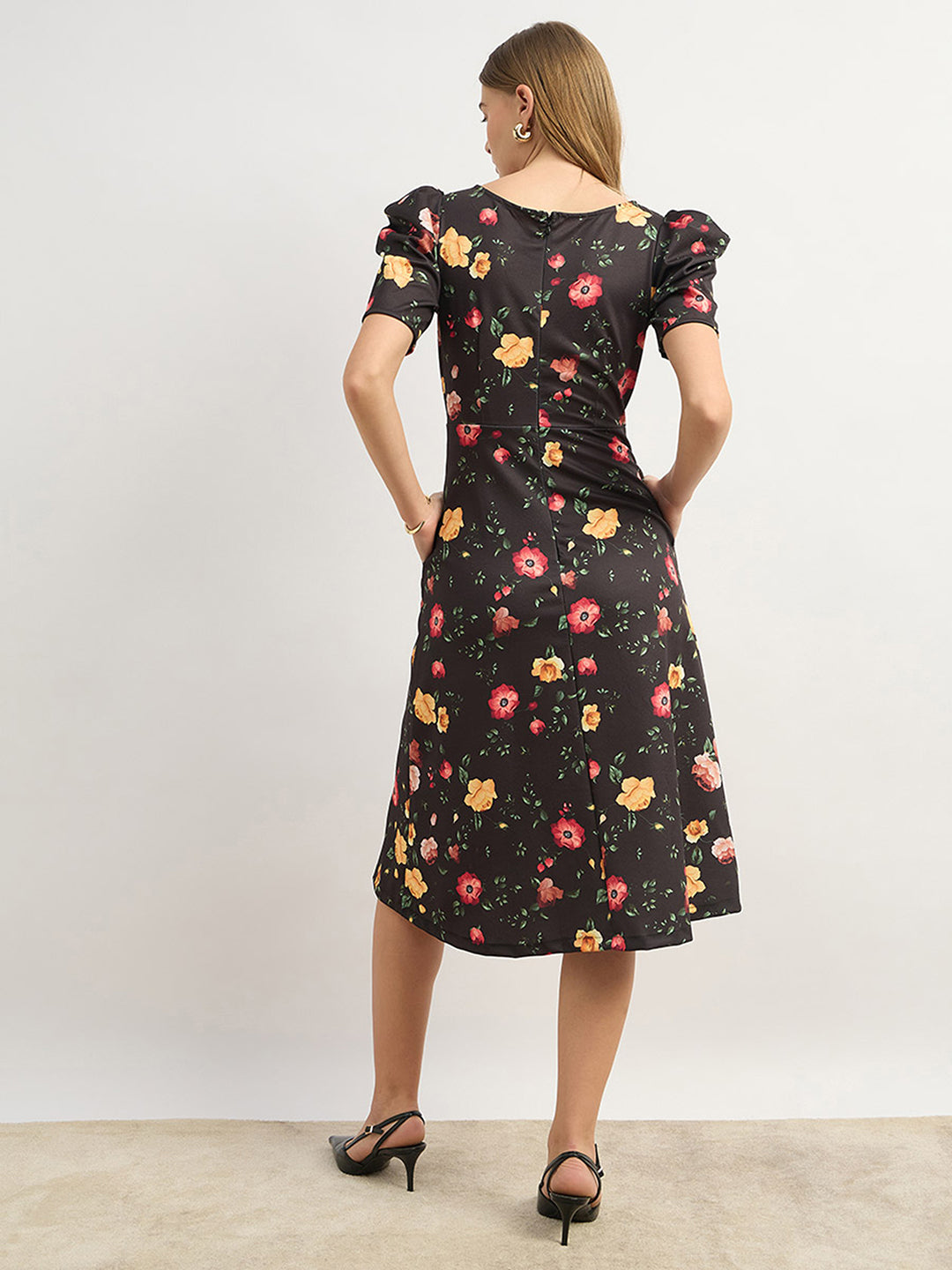 Women's Multicolored-Base-Black V-Neck Pleated Puff Sleeve Floral Patterned Wrap Midi Polyester Dress