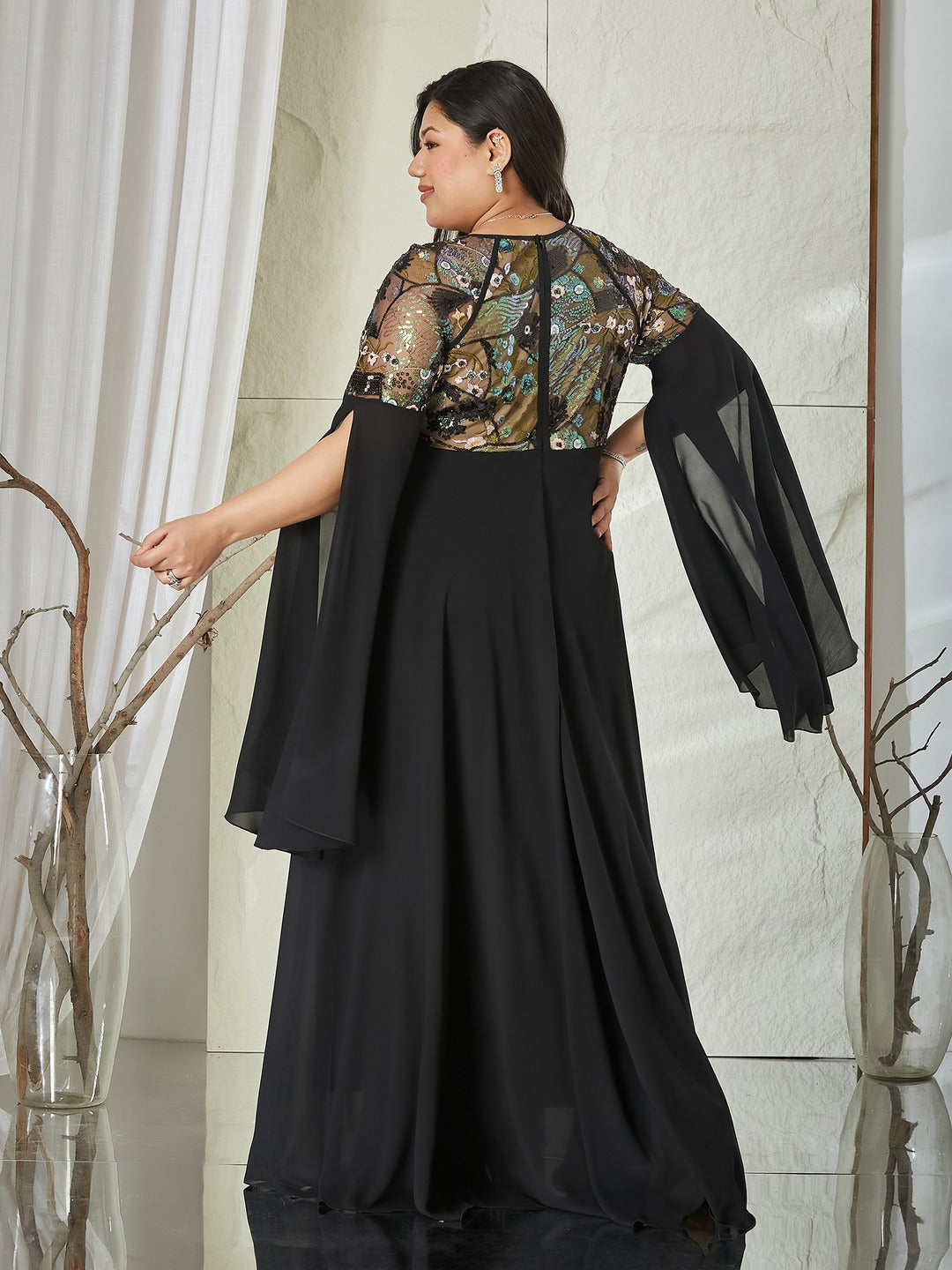 Black Sweet-Heart Full Sleeve Embellished Slit Sleeve Maxi Georgette Dress for Women