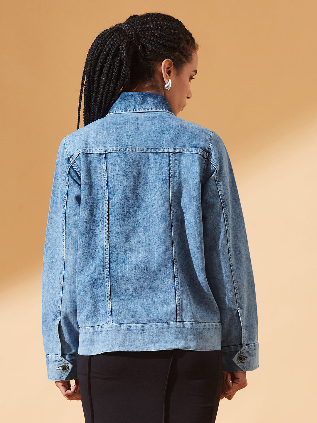 Light-Blue Polo Neck Solid Full Sleeve Bomber Jacket for Women