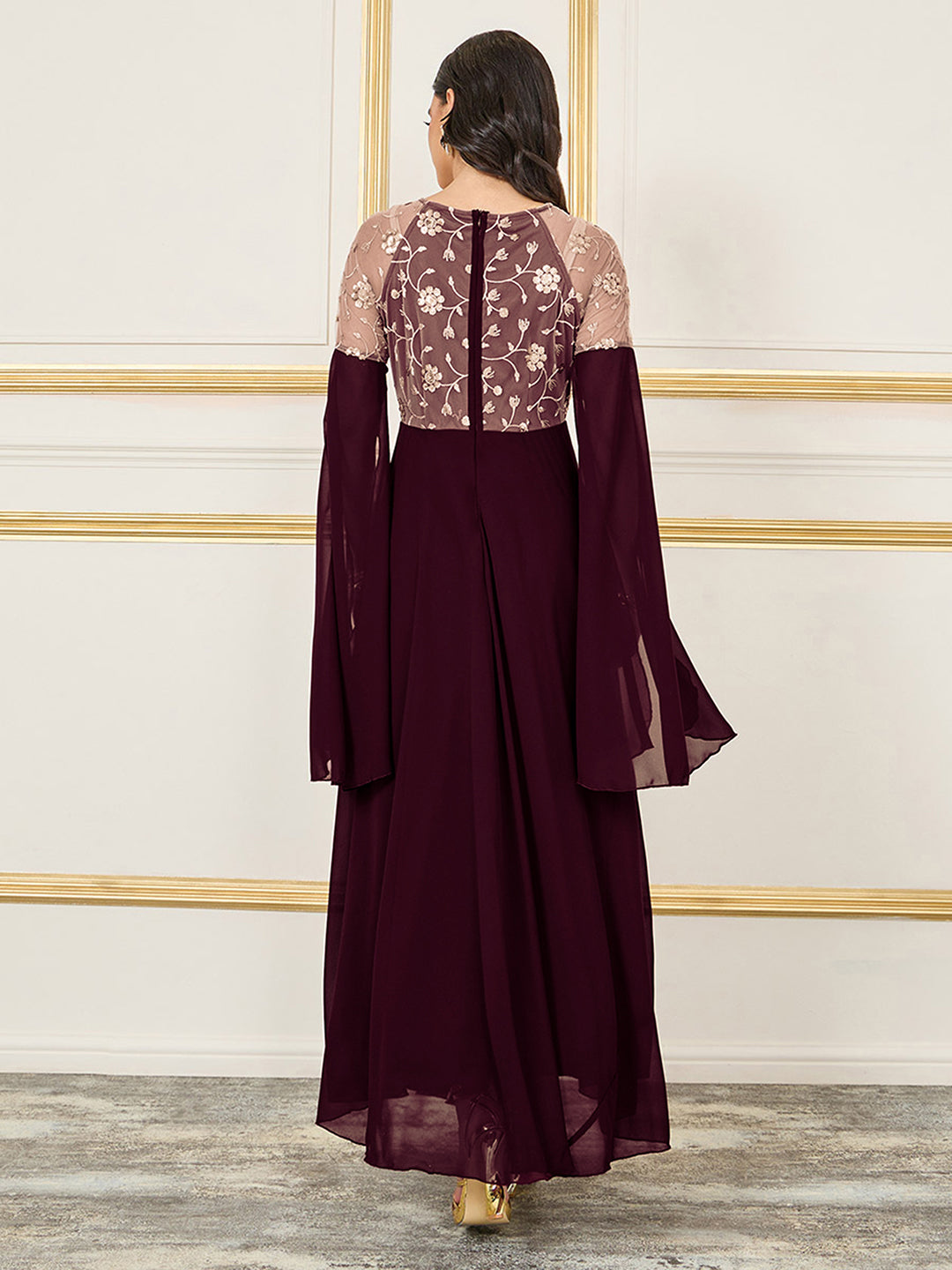 Women's Wine V-Neck Flared Long-Sleeves Embroidered Fit & Flare Maxi Dress