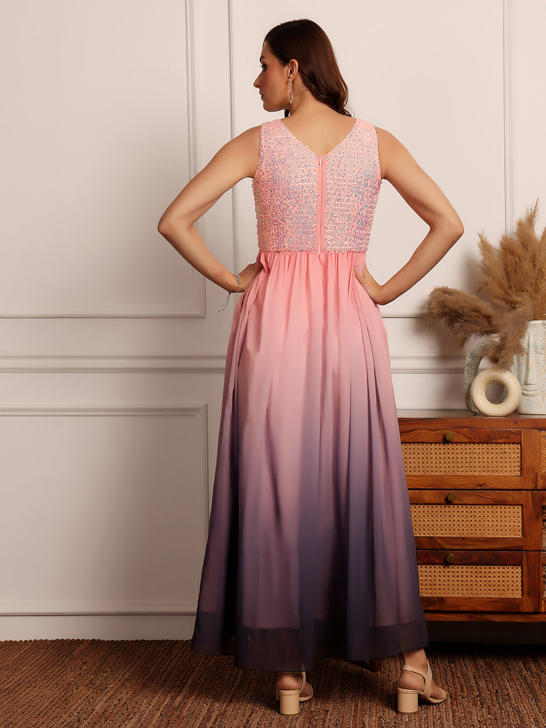 Multicolored-Base-Pink Round Neck Sleeveless Embellished Georgette Maxi Dress for Women