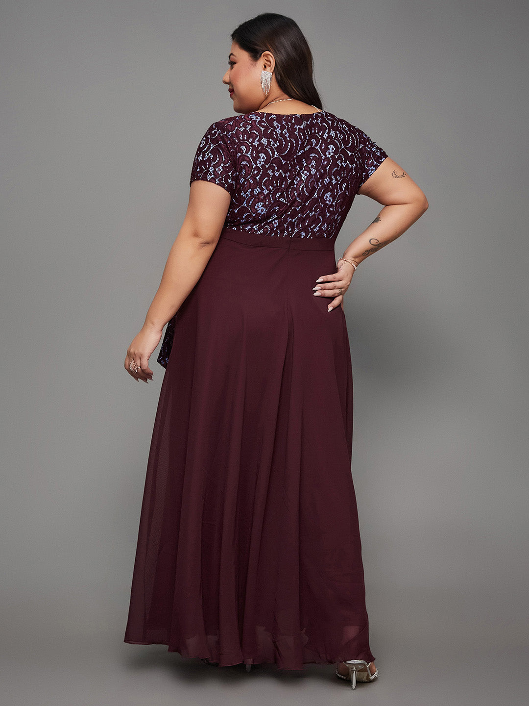 Body Bliss Wine Colored Lace Overlaid Maxi Georgette Dress