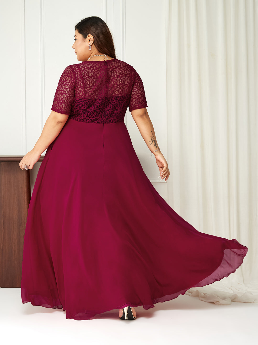 Dark Pink Short Sleeves Lace Fit and Flare Maxi Dress Long Dress Frock for Women