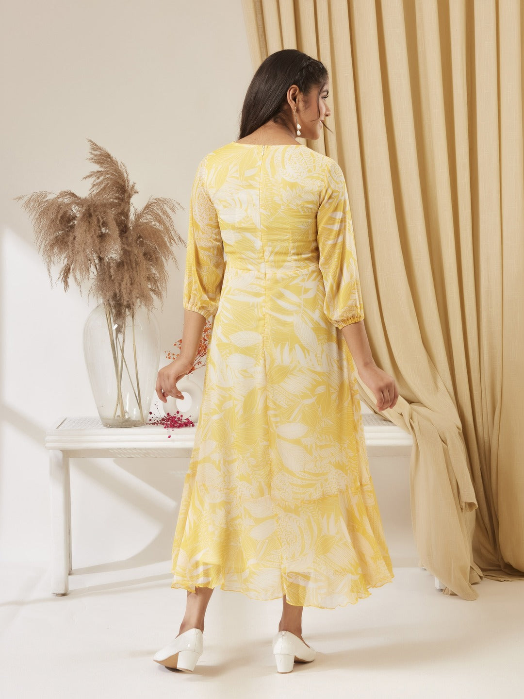 Yellow & White V neck Full sleeve Floral Layered Maxi Dress for Girls/Teenagers