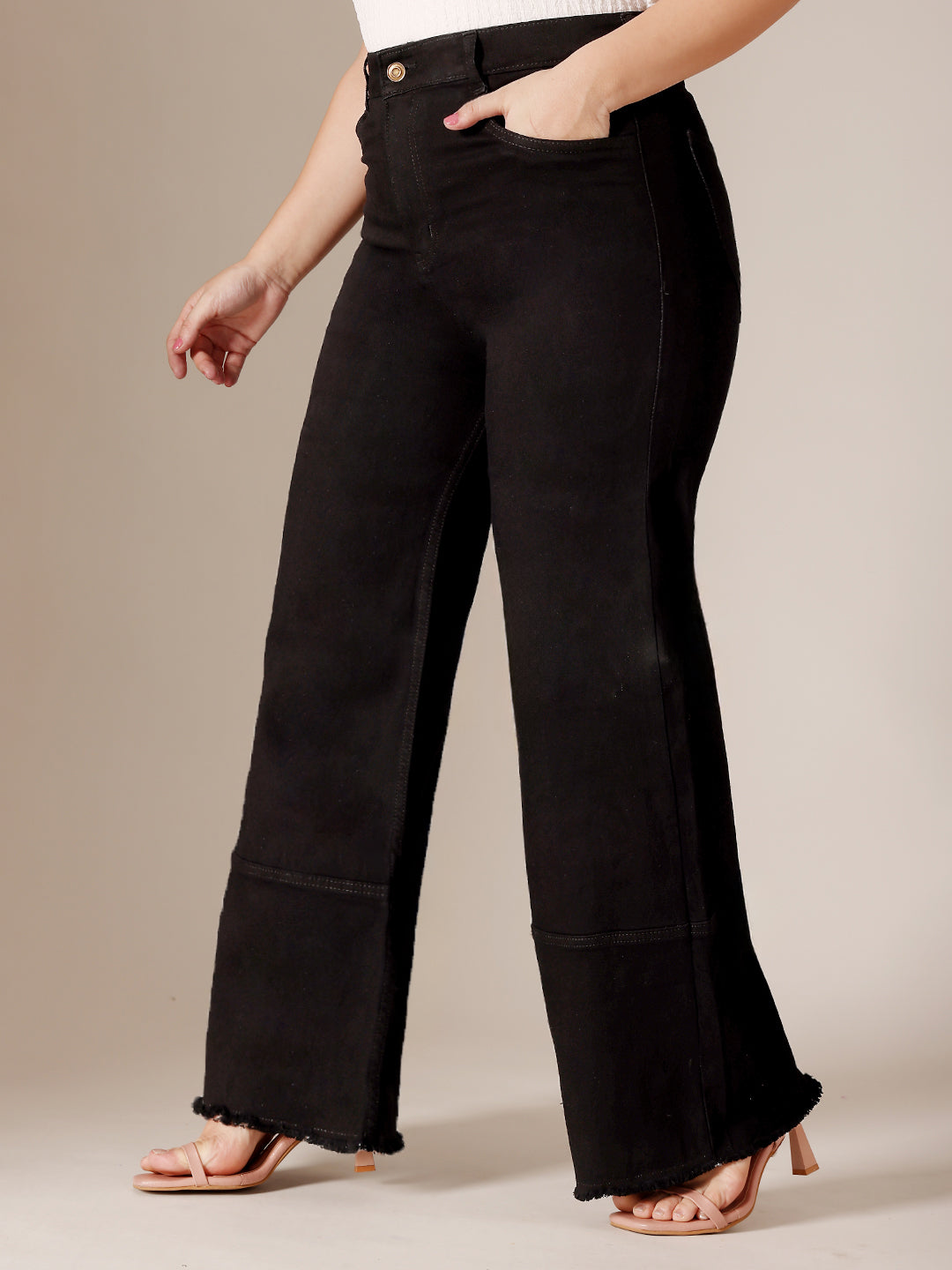 Black Wide Leg High Rise Clean Look Regular-Length Stretchable Denim Jeans for Women
